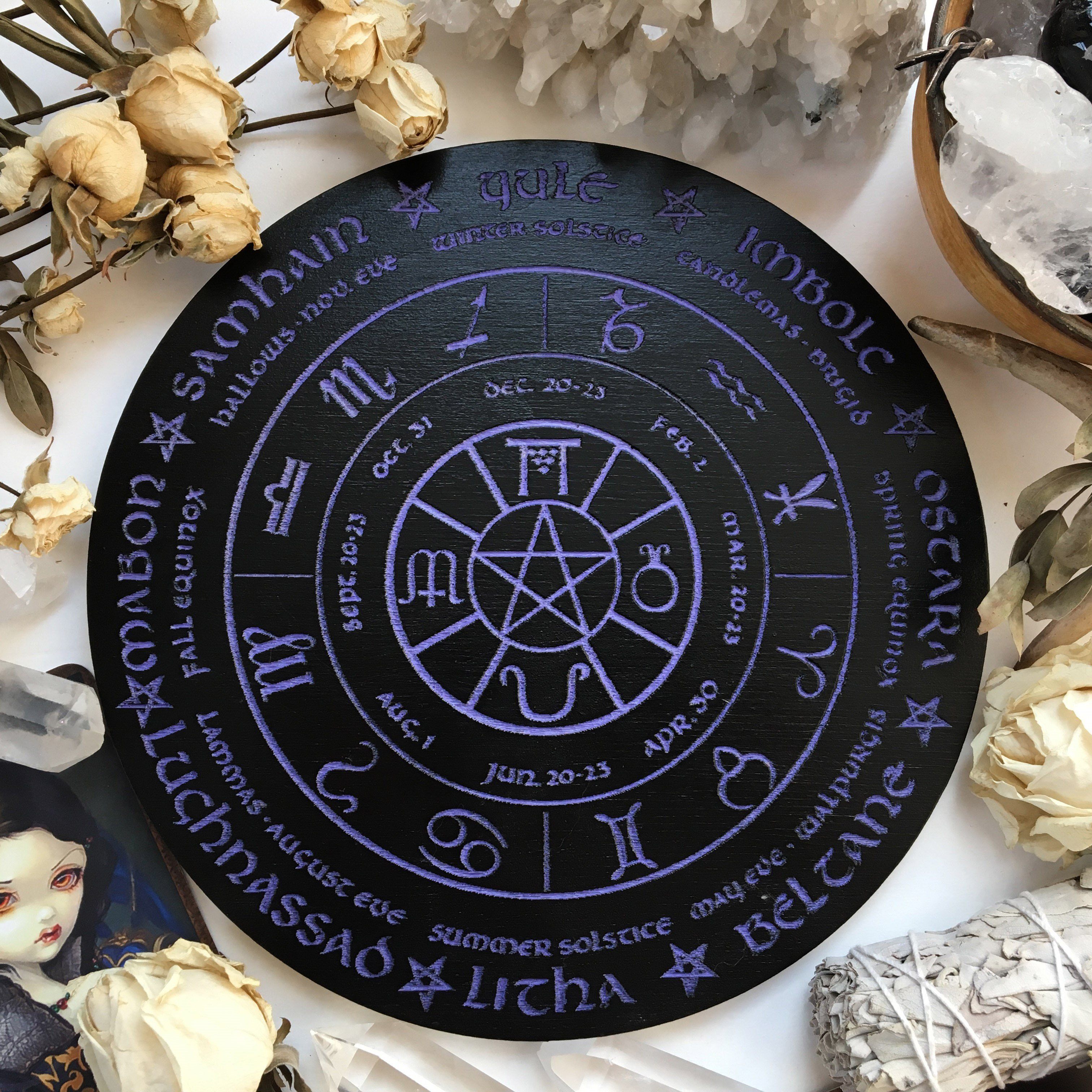Wooden Wheel of the Year - calendar of pagan festivals and seasonal sabbaths: Yule, Imbolc, Ostara, Beltane, Litha, Lammas, Mabon, Samhain.