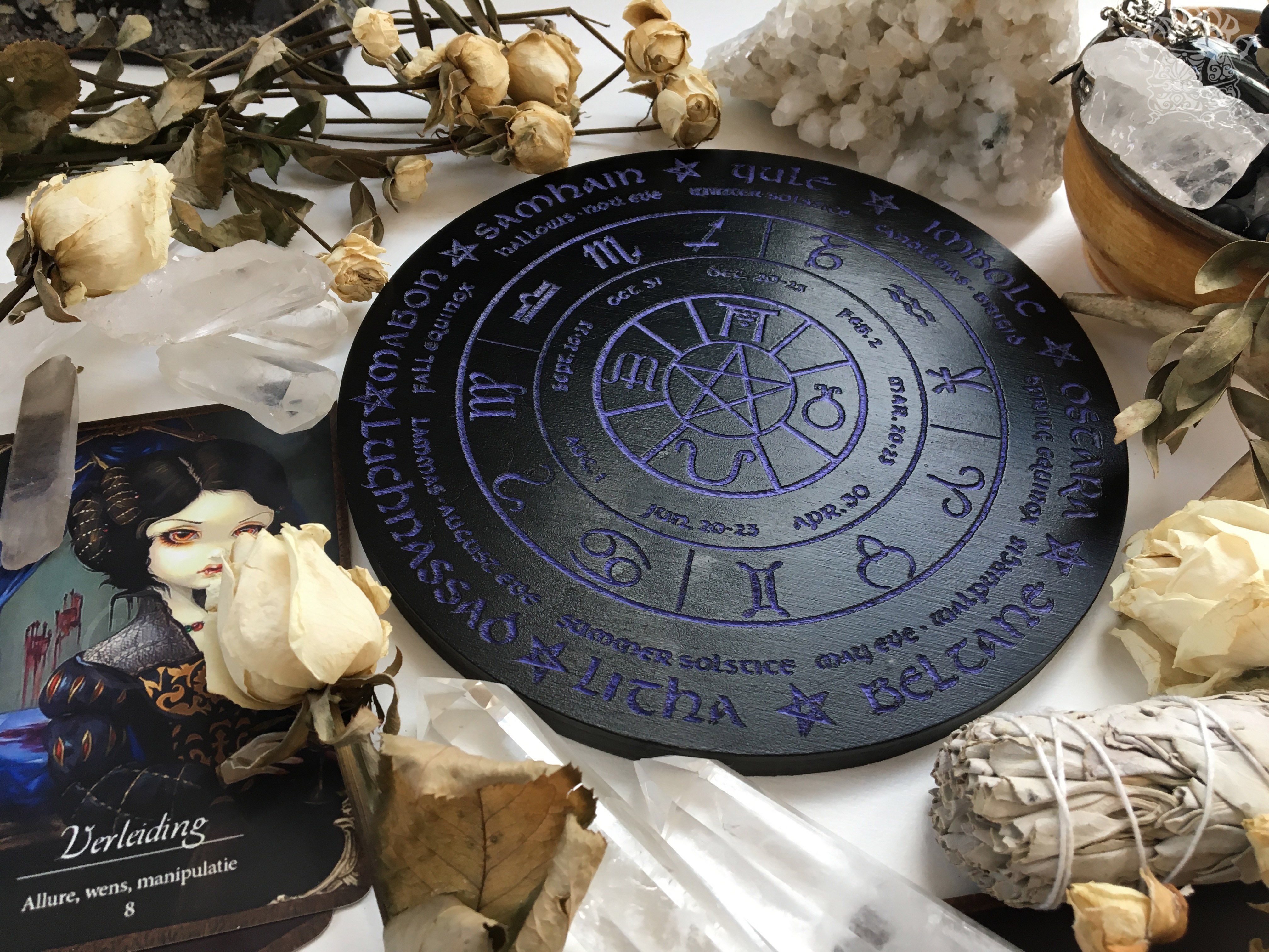 Wooden Wheel of the Year - calendar of pagan festivals and seasonal sabbaths: Yule, Imbolc, Ostara, Beltane, Litha, Lammas, Mabon, Samhain.