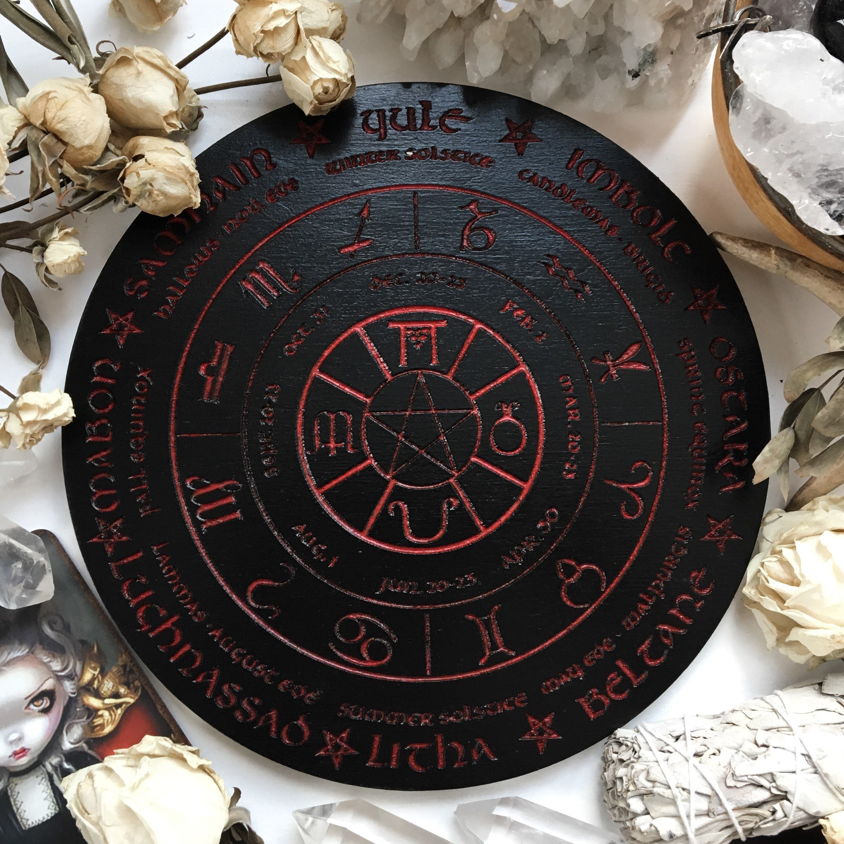 Wooden Wheel of the Year - calendar of pagan festivals and seasonal sabbaths: Yule, Imbolc, Ostara, Beltane, Litha, Lammas, Mabon, Samhain.