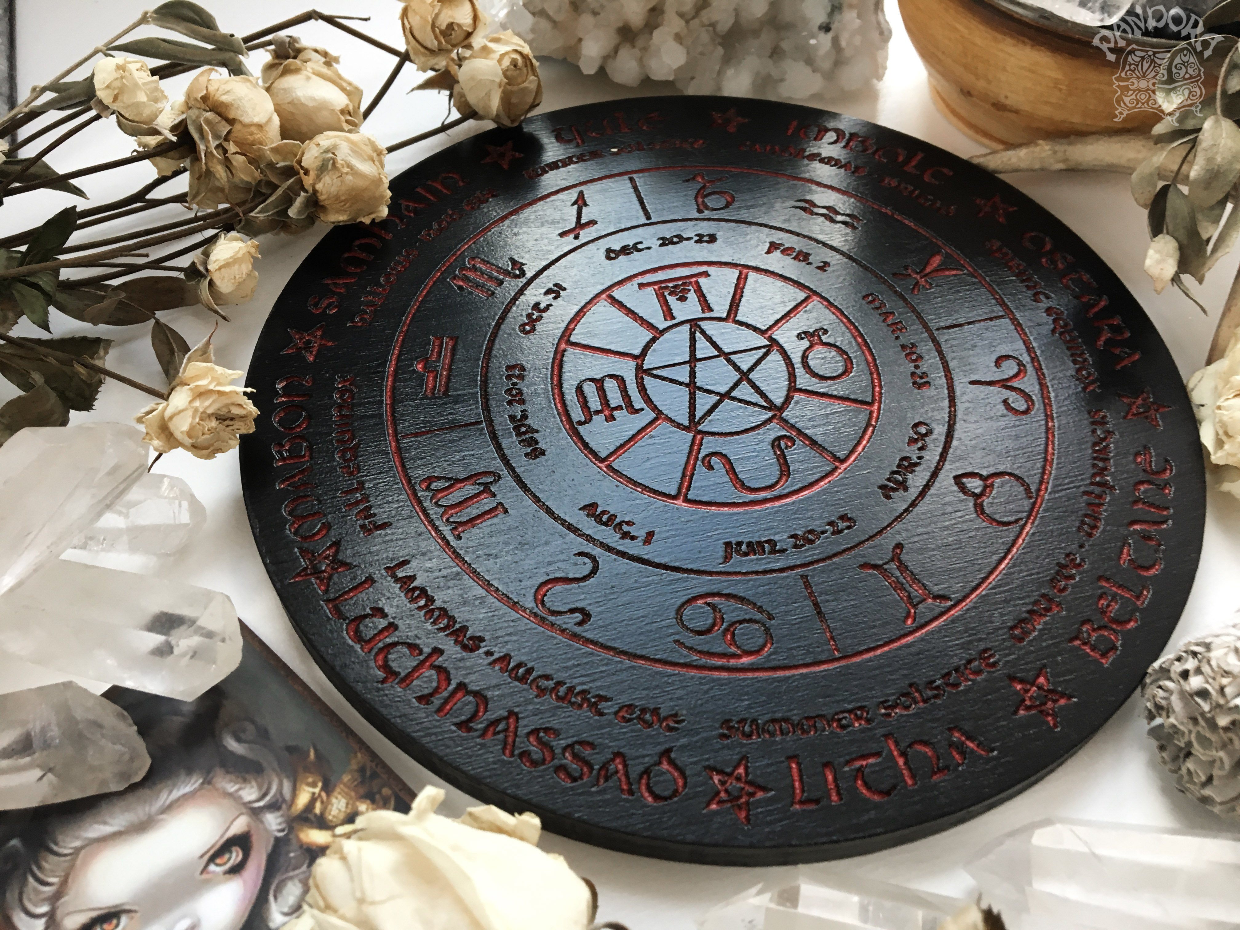 Wooden Wheel of the Year - calendar of pagan festivals and seasonal sabbaths: Yule, Imbolc, Ostara, Beltane, Litha, Lammas, Mabon, Samhain.
