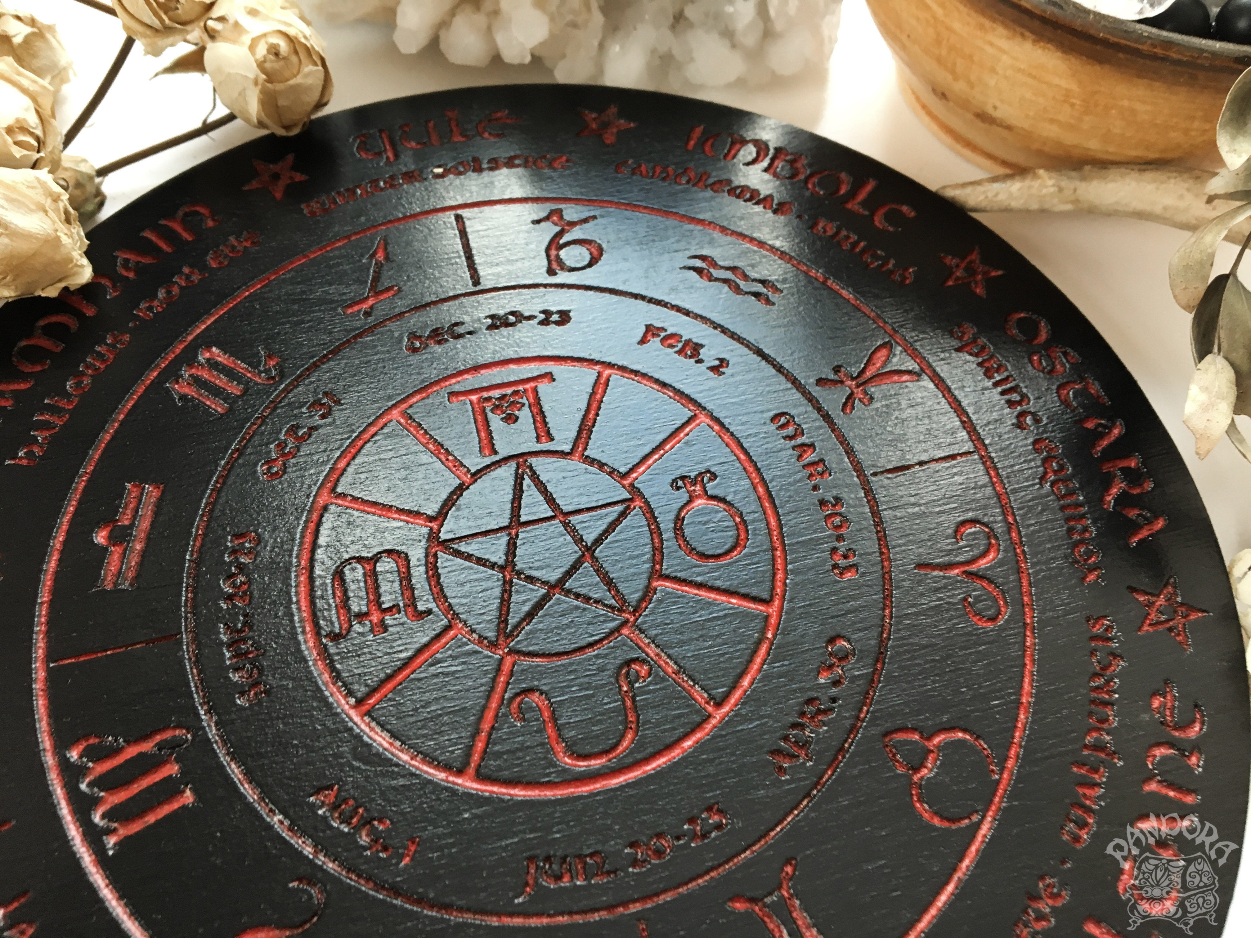 Wooden Wheel of the Year - calendar of pagan festivals and seasonal sabbaths: Yule, Imbolc, Ostara, Beltane, Litha, Lammas, Mabon, Samhain.