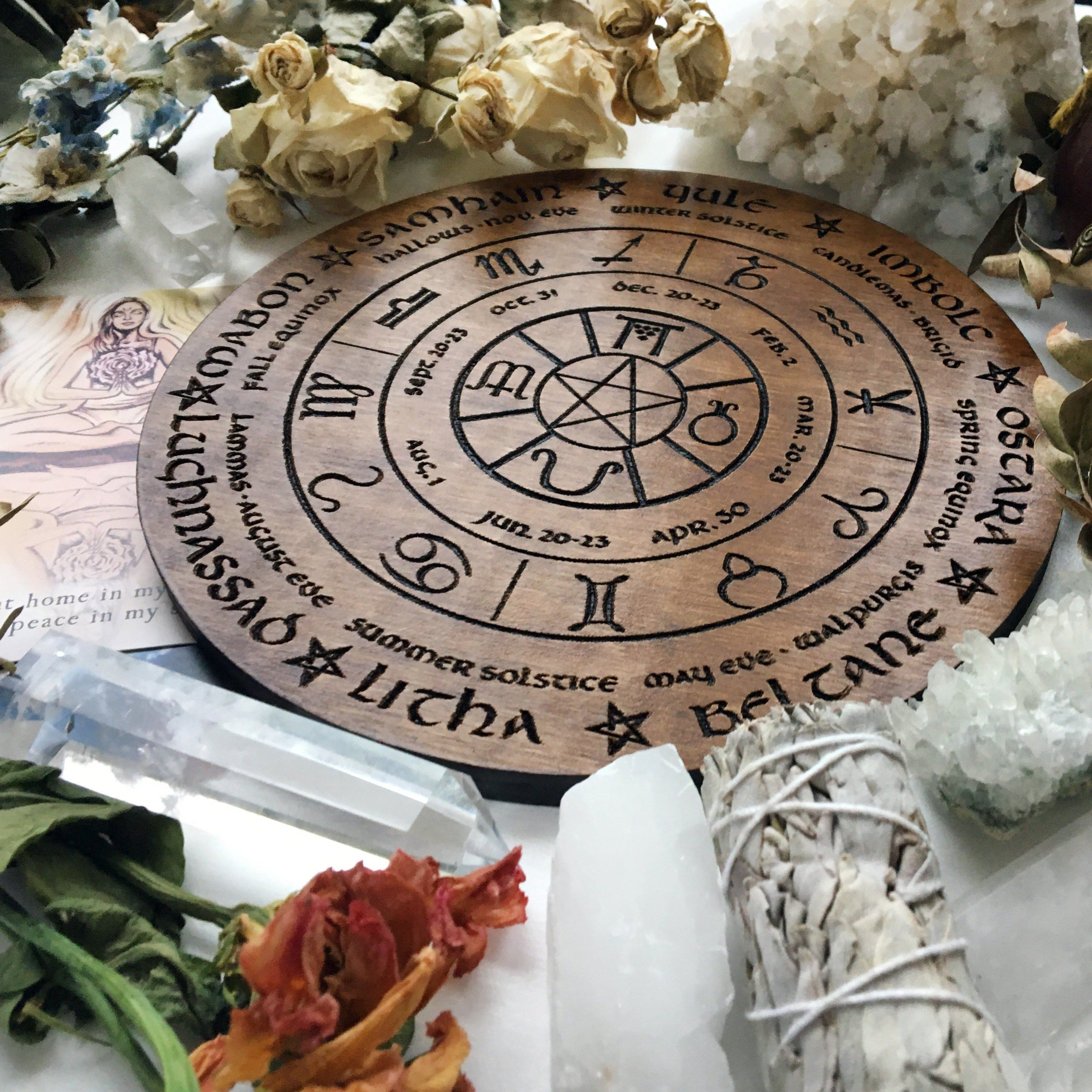 Wooden Wheel of the Year - calendar of pagan festivals and seasonal sabbaths: Yule, Imbolc, Ostara, Beltane, Litha, Lammas, Mabon, Samhain.