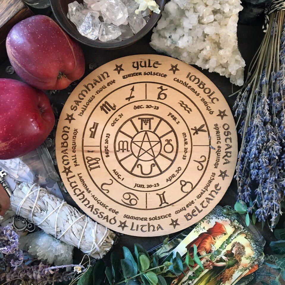Wooden Wheel of the Year - calendar of pagan festivals and seasonal sabbaths: Yule, Imbolc, Ostara, Beltane, Litha, Lammas, Mabon, Samhain.
