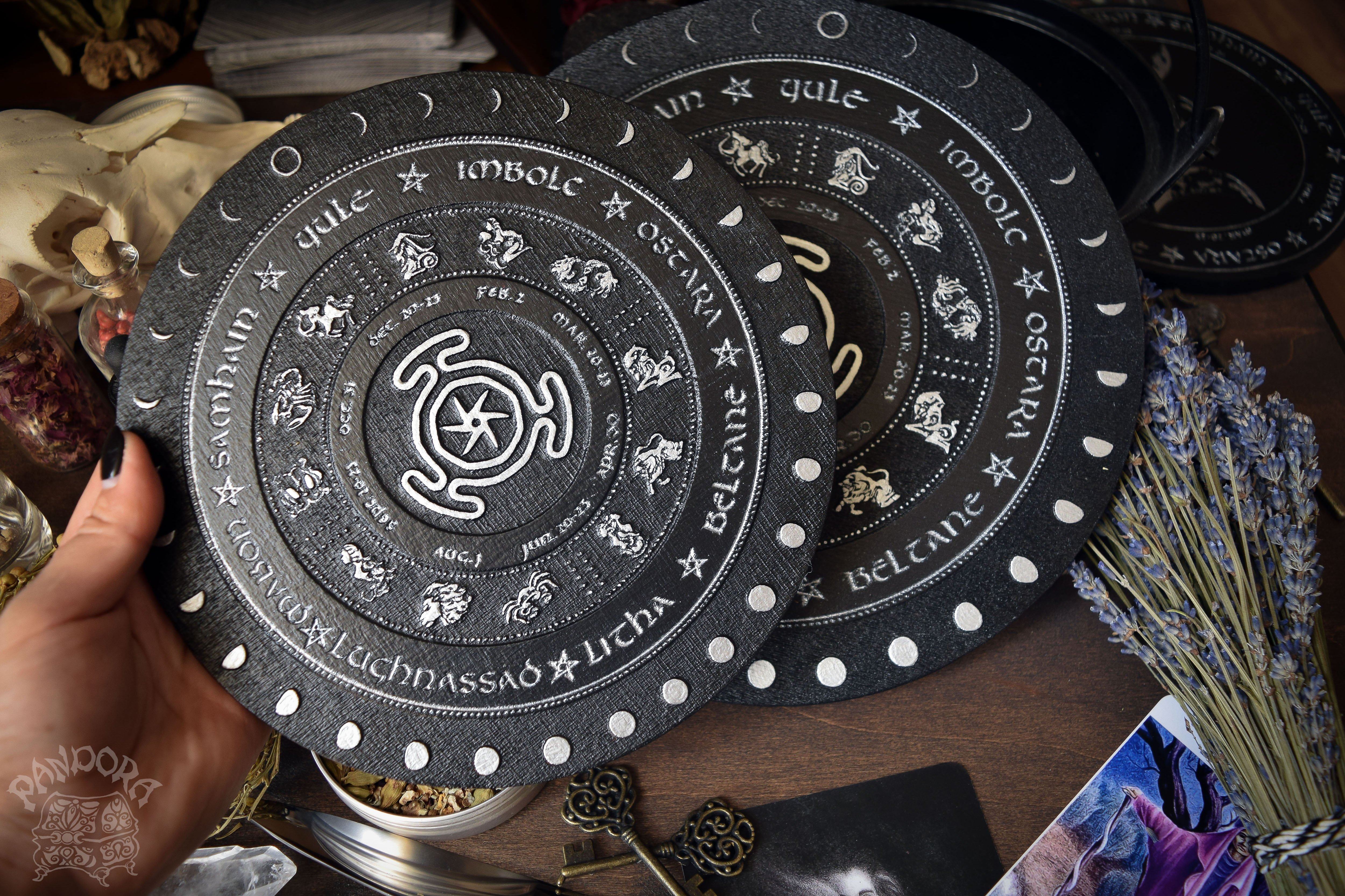 Wooden Wheel of the Year - calendar of pagan festivals and seasonal sabbaths: Yule, Imbolc, Ostara, Beltane, Litha, Lammas, Mabon, Samhain.
