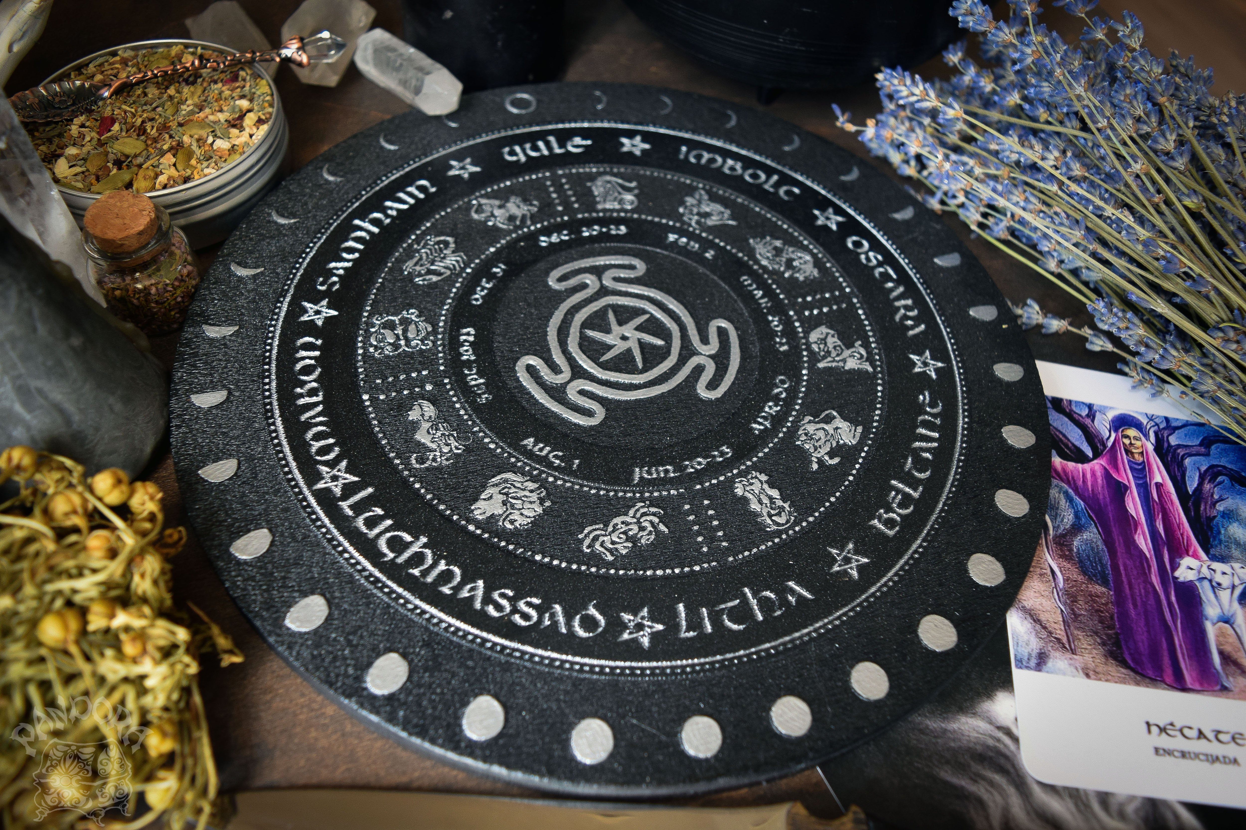 Wooden Wheel of the Year - calendar of pagan festivals and seasonal sabbaths: Yule, Imbolc, Ostara, Beltane, Litha, Lammas, Mabon, Samhain.