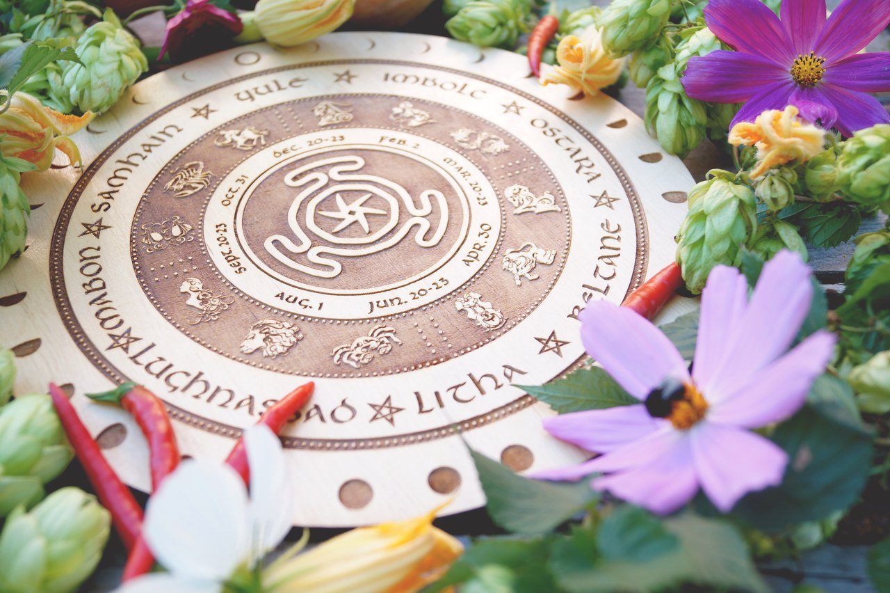 Wooden Wheel of the Year - calendar of pagan festivals and seasonal sabbaths: Yule, Imbolc, Ostara, Beltane, Litha, Lammas, Mabon, Samhain.