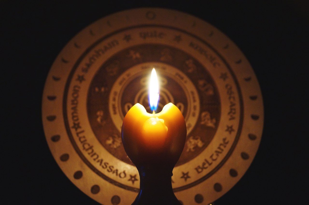 Wooden Wheel of the Year - calendar of pagan festivals and seasonal sabbaths: Yule, Imbolc, Ostara, Beltane, Litha, Lammas, Mabon, Samhain.