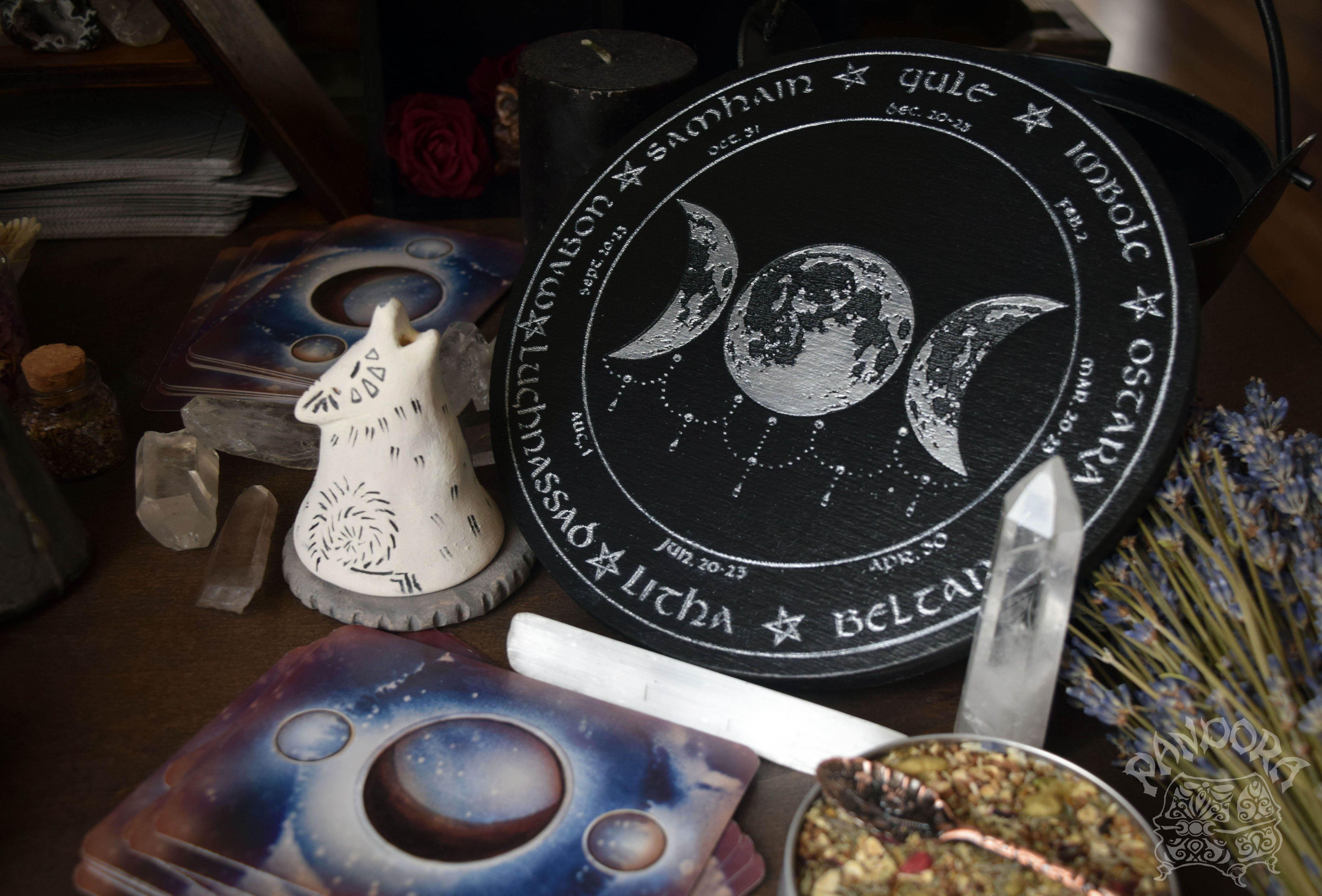 Wooden Wheel of the Year - calendar of pagan festivals and seasonal sabbaths: Yule, Imbolc, Ostara, Beltane, Litha, Lammas, Mabon, Samhain.