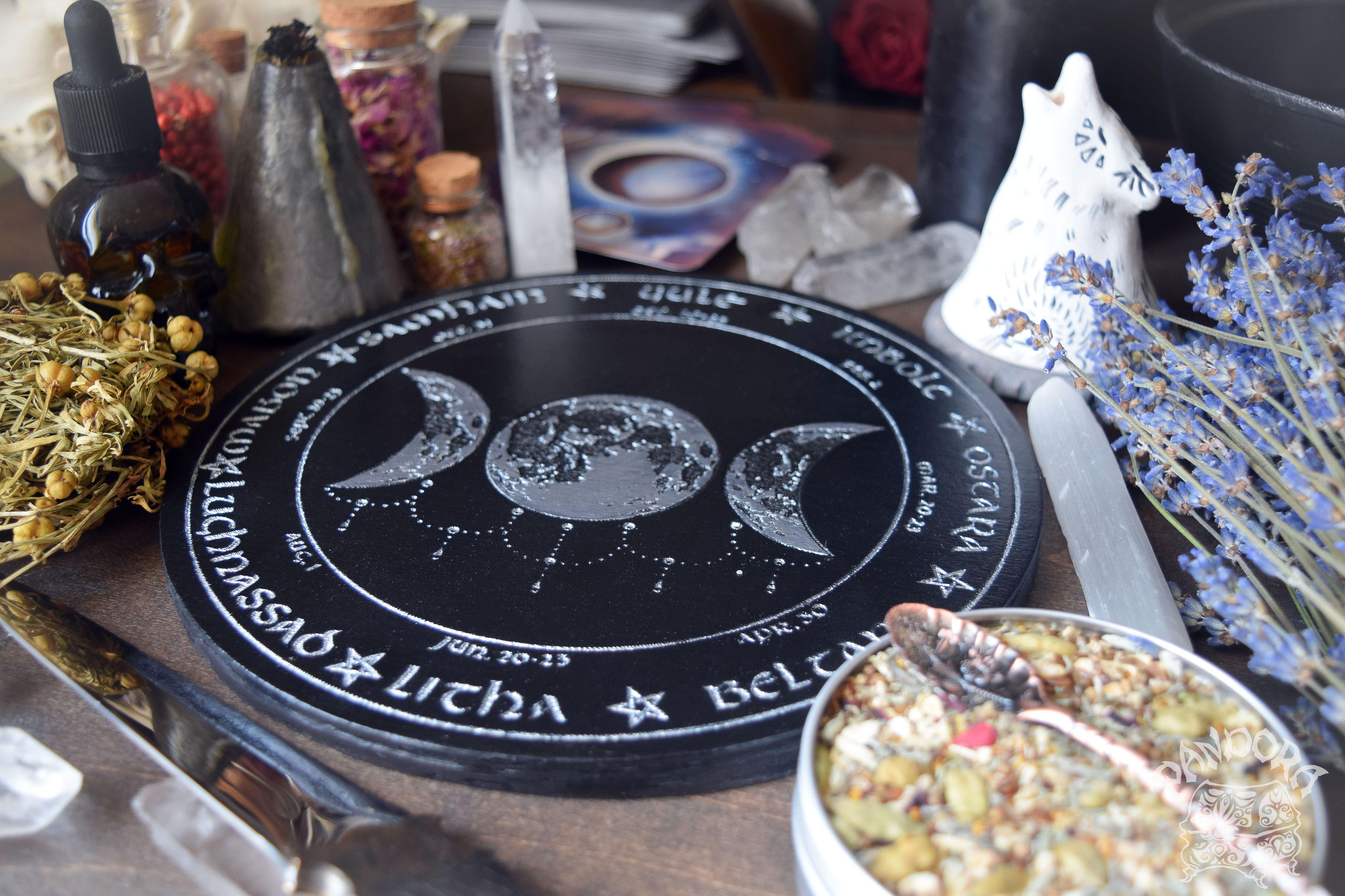 Wooden Wheel of the Year - calendar of pagan festivals and seasonal sabbaths: Yule, Imbolc, Ostara, Beltane, Litha, Lammas, Mabon, Samhain.