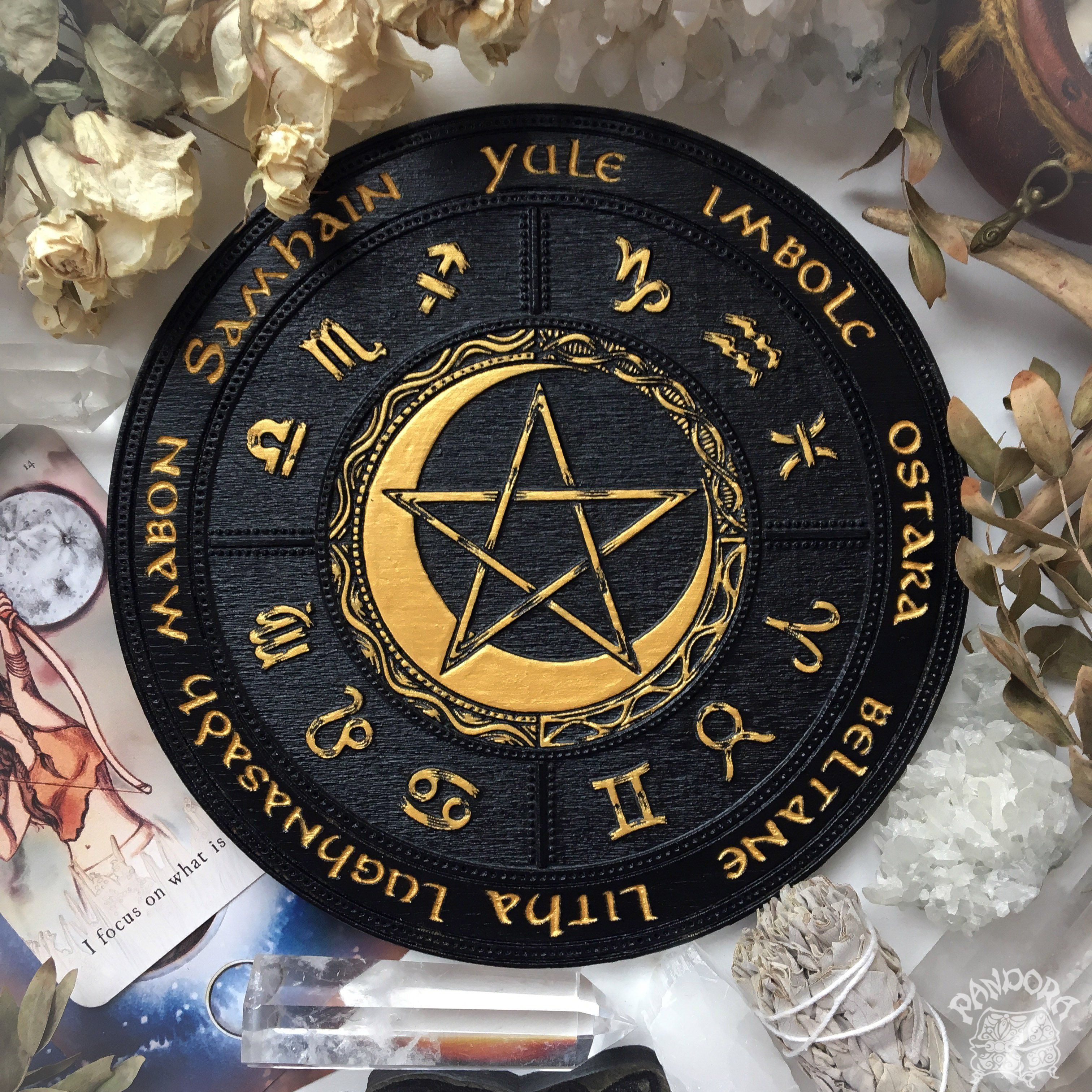Wooden Wheel of the Year - calendar of pagan festivals and seasonal sabbaths: Yule, Imbolc, Ostara, Beltane, Litha, Lammas, Mabon, Samhain.