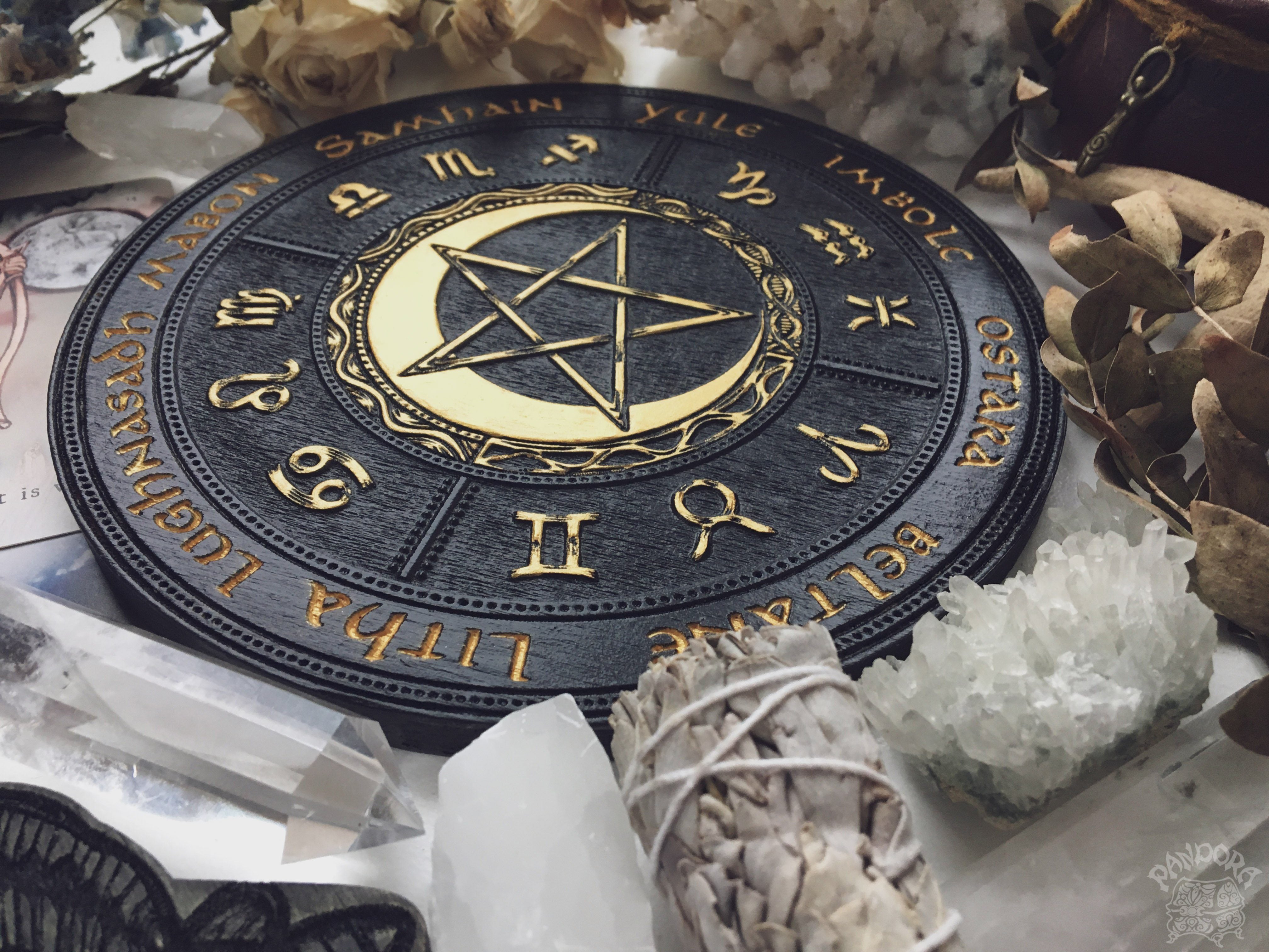 Wooden Wheel of the Year - calendar of pagan festivals and seasonal sabbaths: Yule, Imbolc, Ostara, Beltane, Litha, Lammas, Mabon, Samhain.