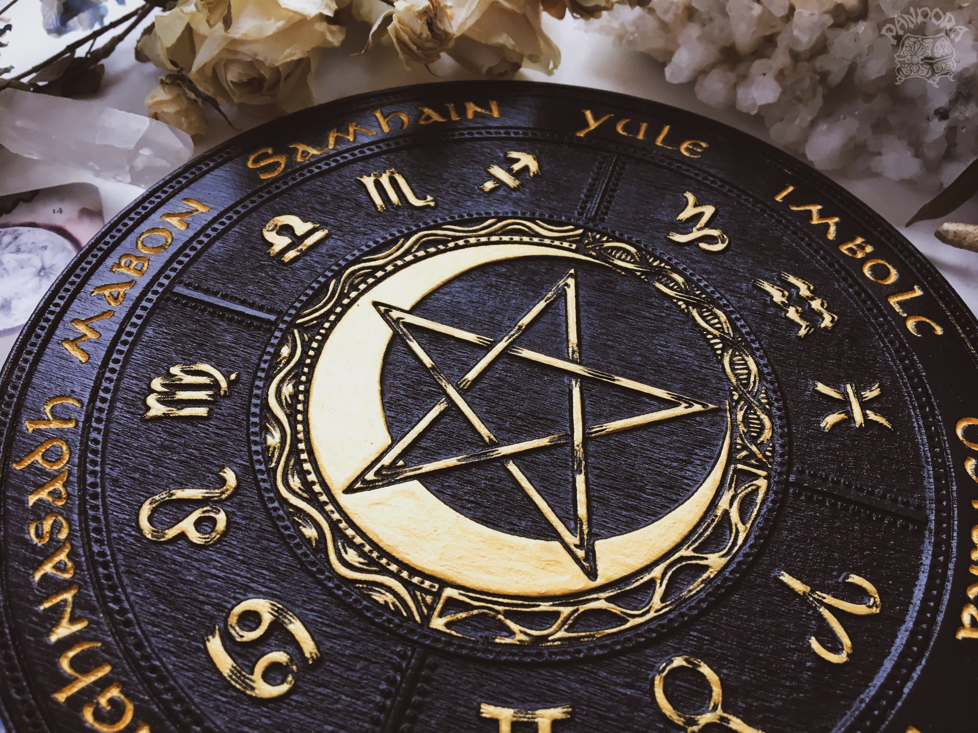 Wooden Wheel of the Year - calendar of pagan festivals and seasonal sabbaths: Yule, Imbolc, Ostara, Beltane, Litha, Lammas, Mabon, Samhain.