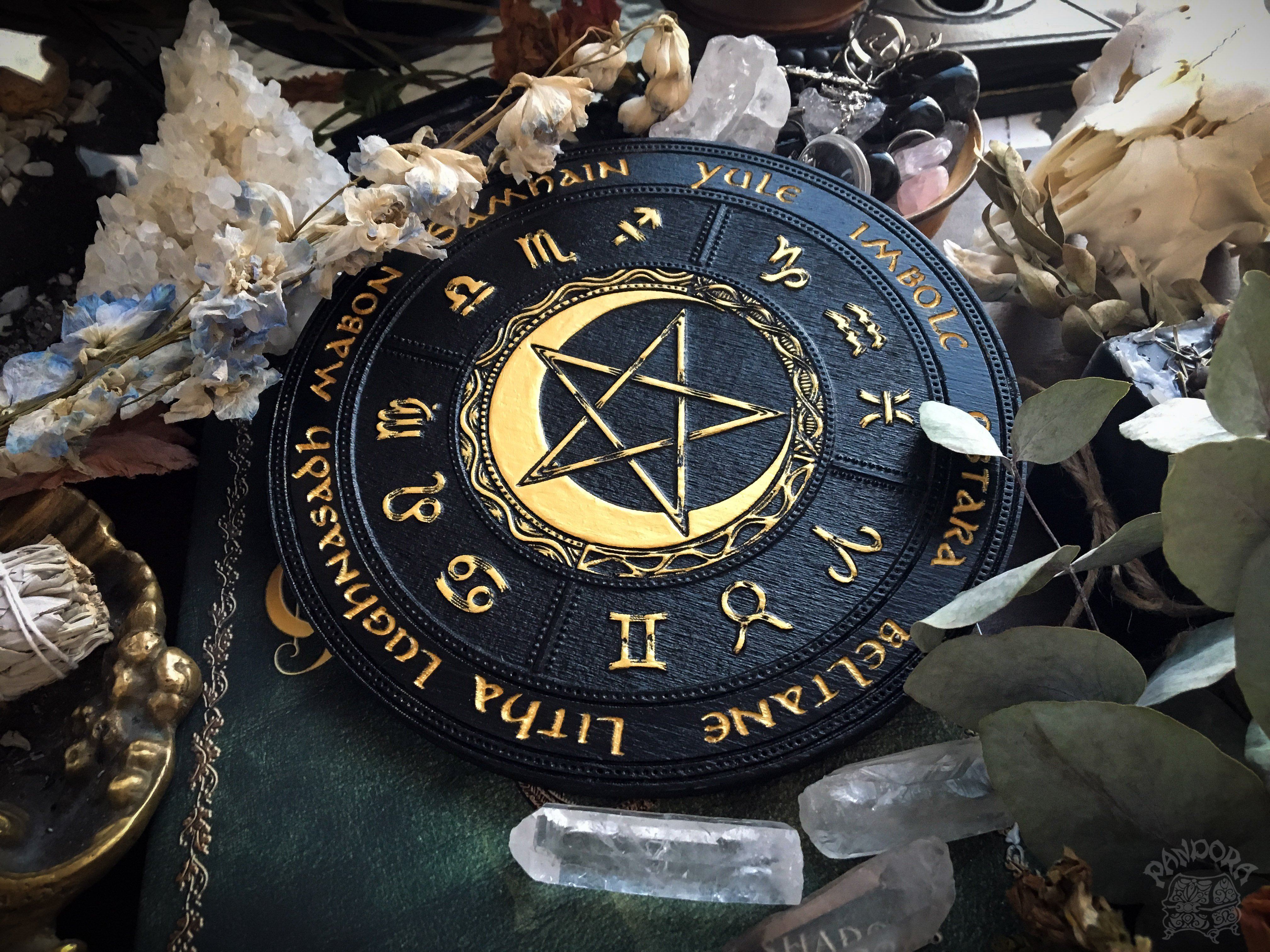 Wooden Wheel of the Year - calendar of pagan festivals and seasonal sabbaths: Yule, Imbolc, Ostara, Beltane, Litha, Lammas, Mabon, Samhain.