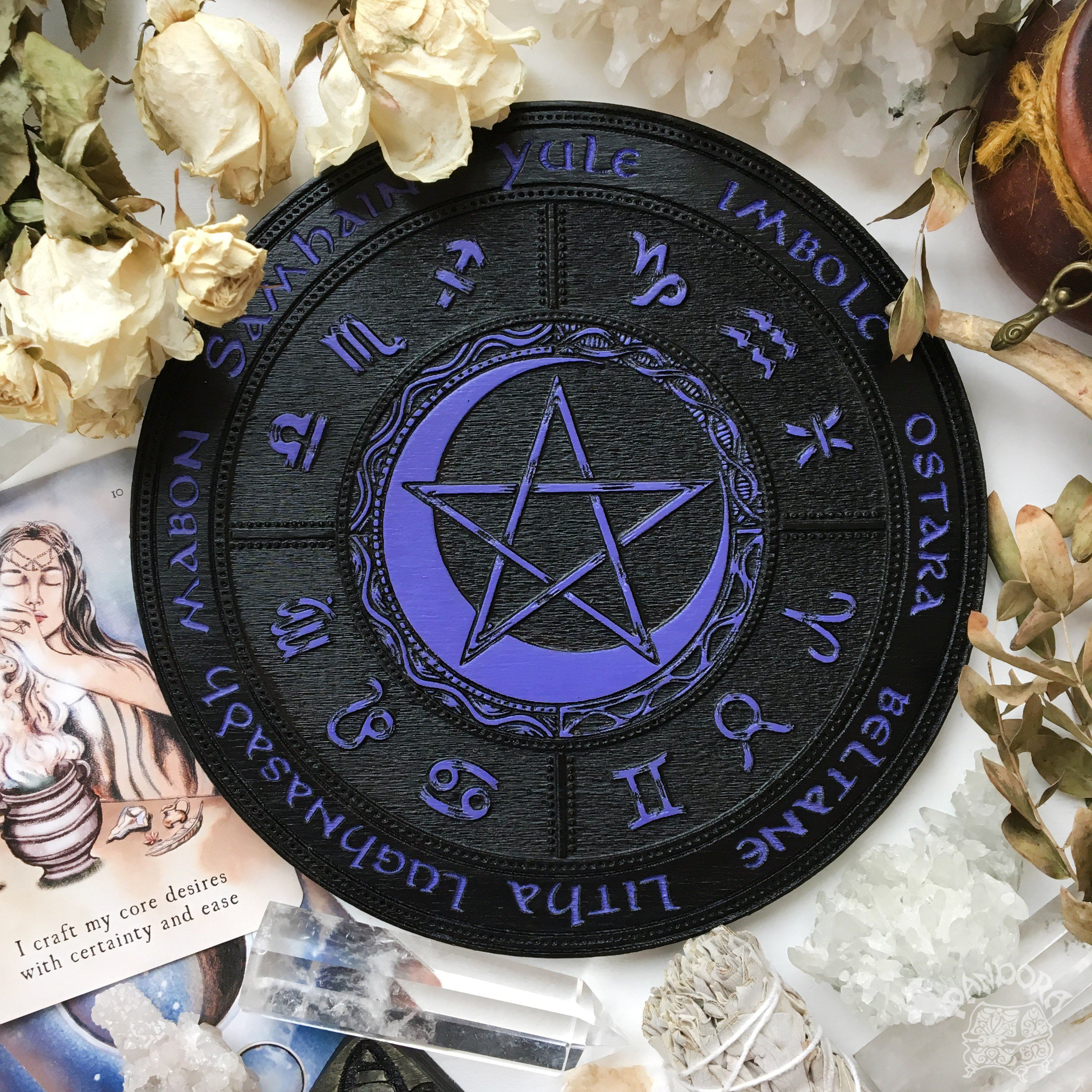 Wooden Wheel of the Year - calendar of pagan festivals and seasonal sabbaths: Yule, Imbolc, Ostara, Beltane, Litha, Lammas, Mabon, Samhain.