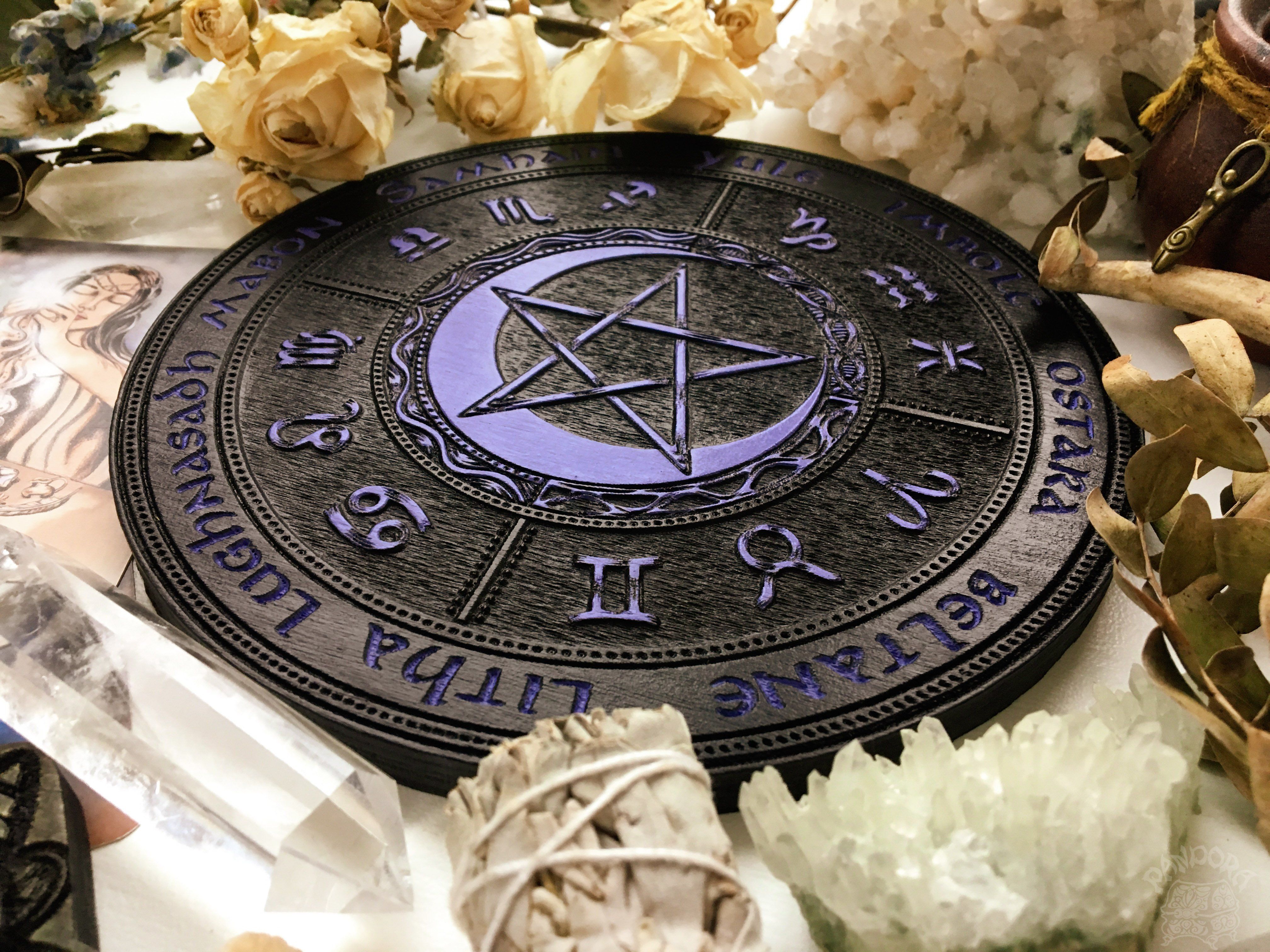 Wooden Wheel of the Year - calendar of pagan festivals and seasonal sabbaths: Yule, Imbolc, Ostara, Beltane, Litha, Lammas, Mabon, Samhain.