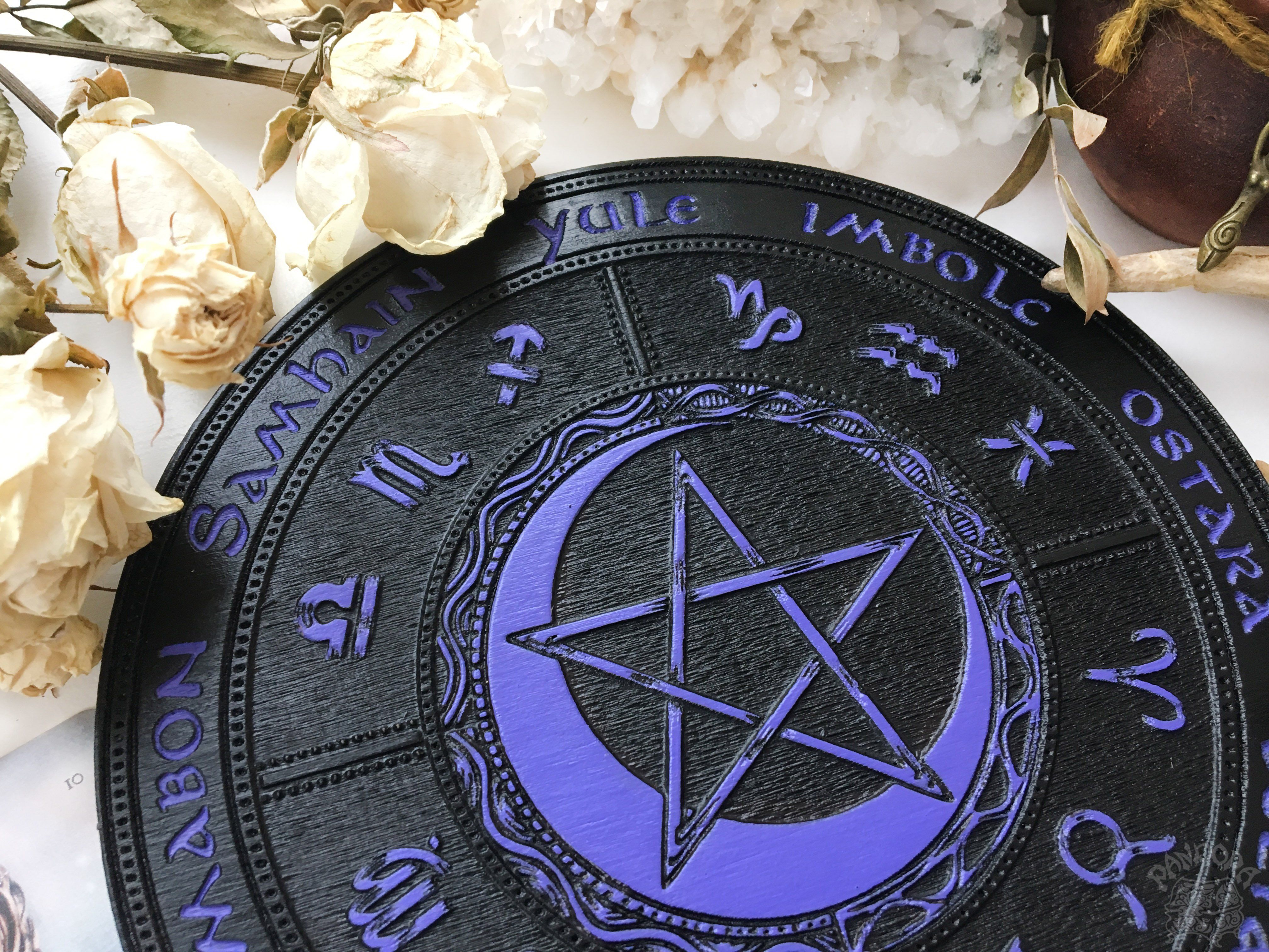 Wooden Wheel of the Year - calendar of pagan festivals and seasonal sabbaths: Yule, Imbolc, Ostara, Beltane, Litha, Lammas, Mabon, Samhain.