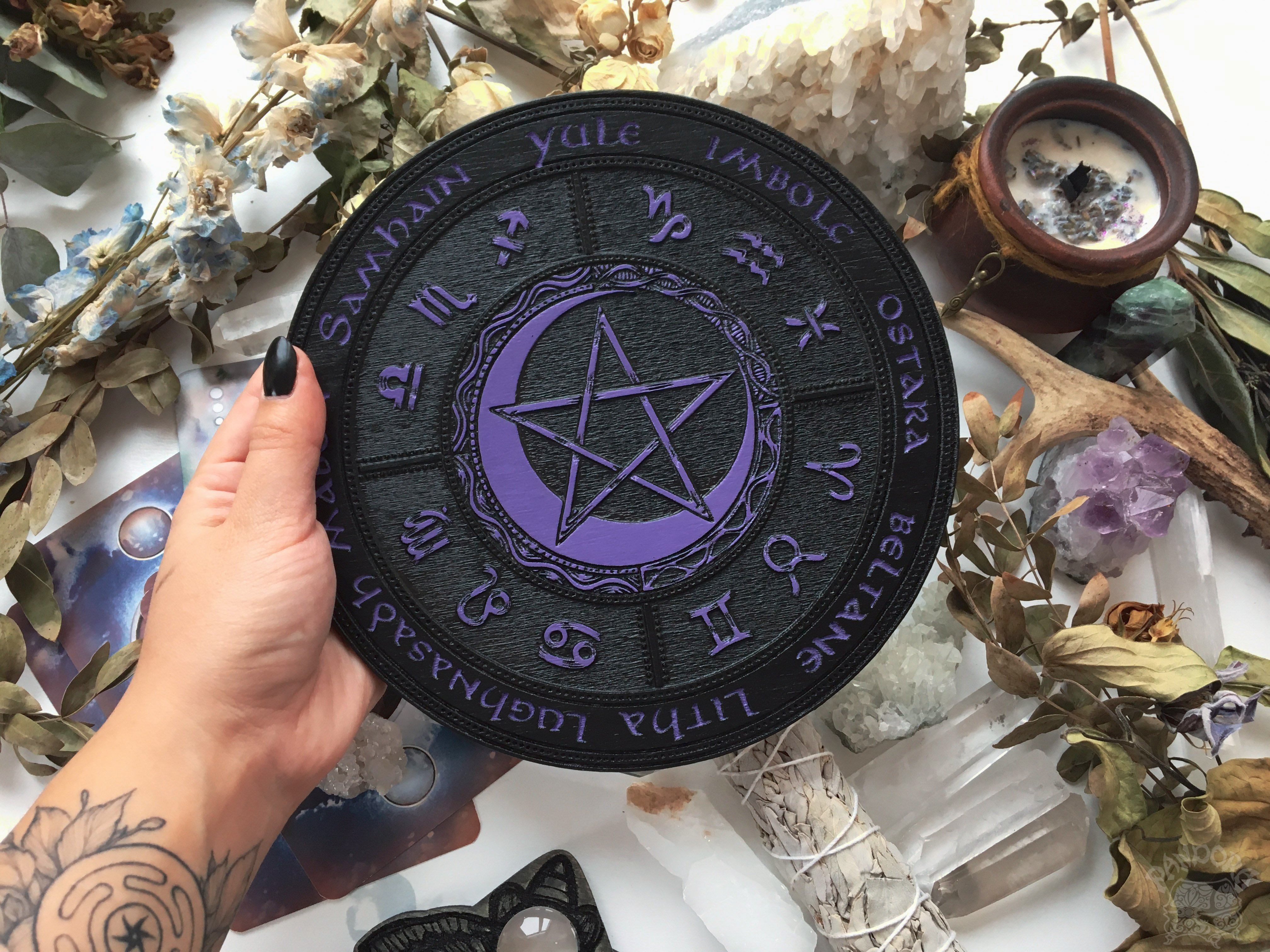 Wooden Wheel of the Year - calendar of pagan festivals and seasonal sabbaths: Yule, Imbolc, Ostara, Beltane, Litha, Lammas, Mabon, Samhain.