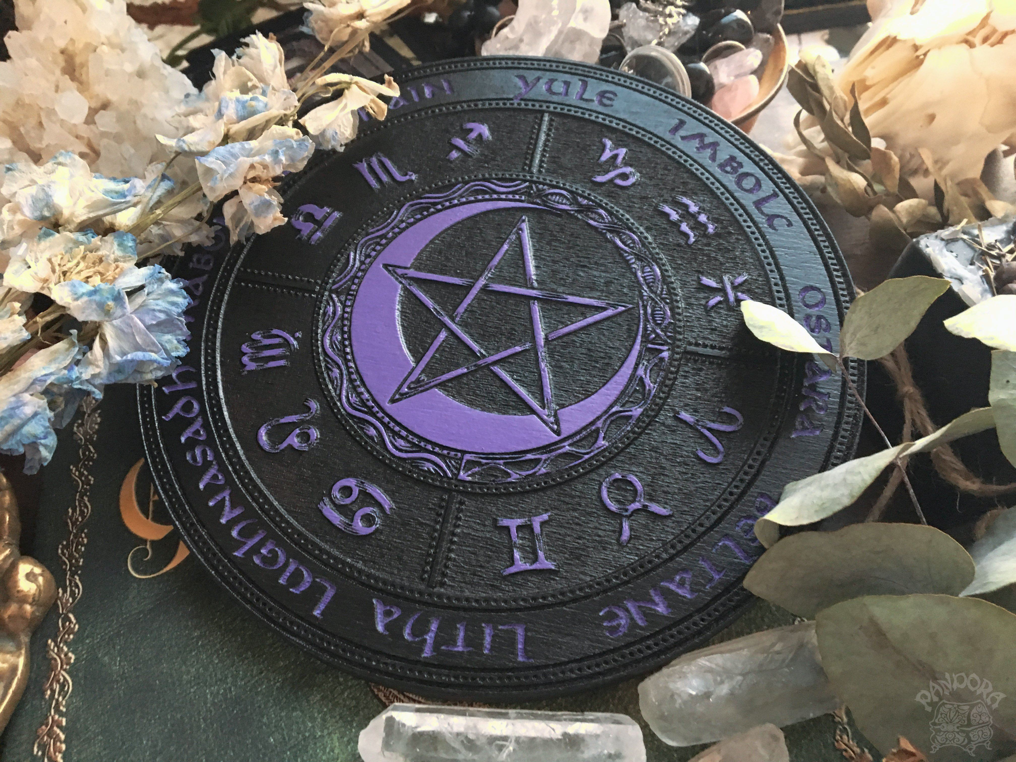 Wooden Wheel of the Year - calendar of pagan festivals and seasonal sabbaths: Yule, Imbolc, Ostara, Beltane, Litha, Lammas, Mabon, Samhain.