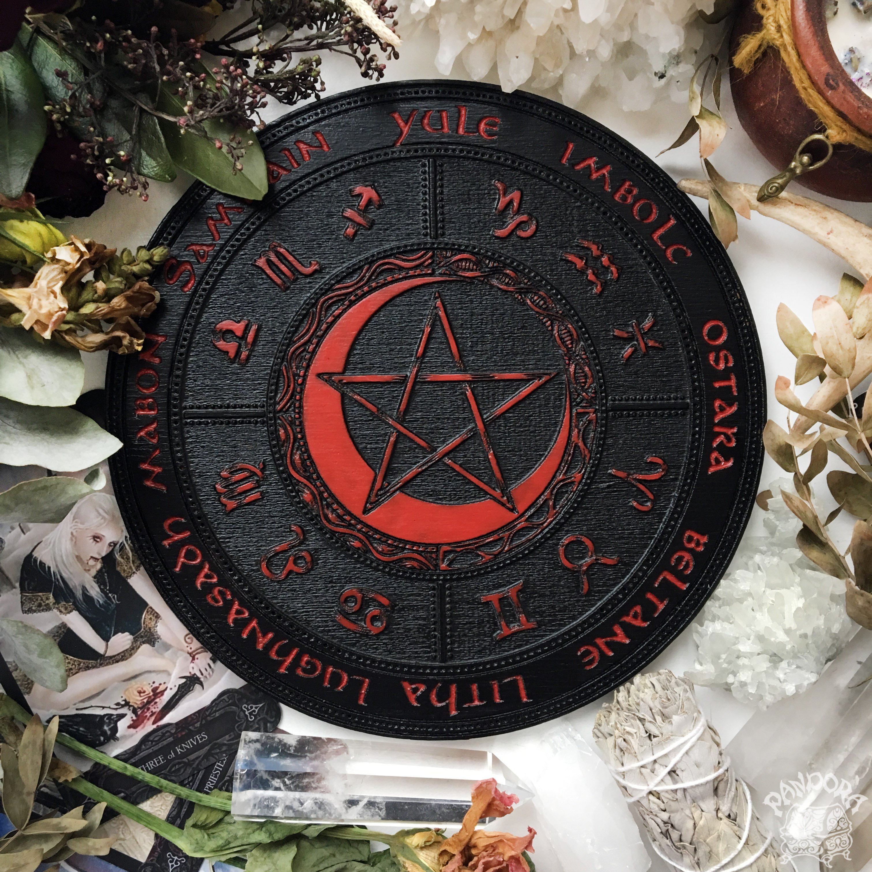 Wooden Wheel of the Year - calendar of pagan festivals and seasonal sabbaths: Yule, Imbolc, Ostara, Beltane, Litha, Lammas, Mabon, Samhain.