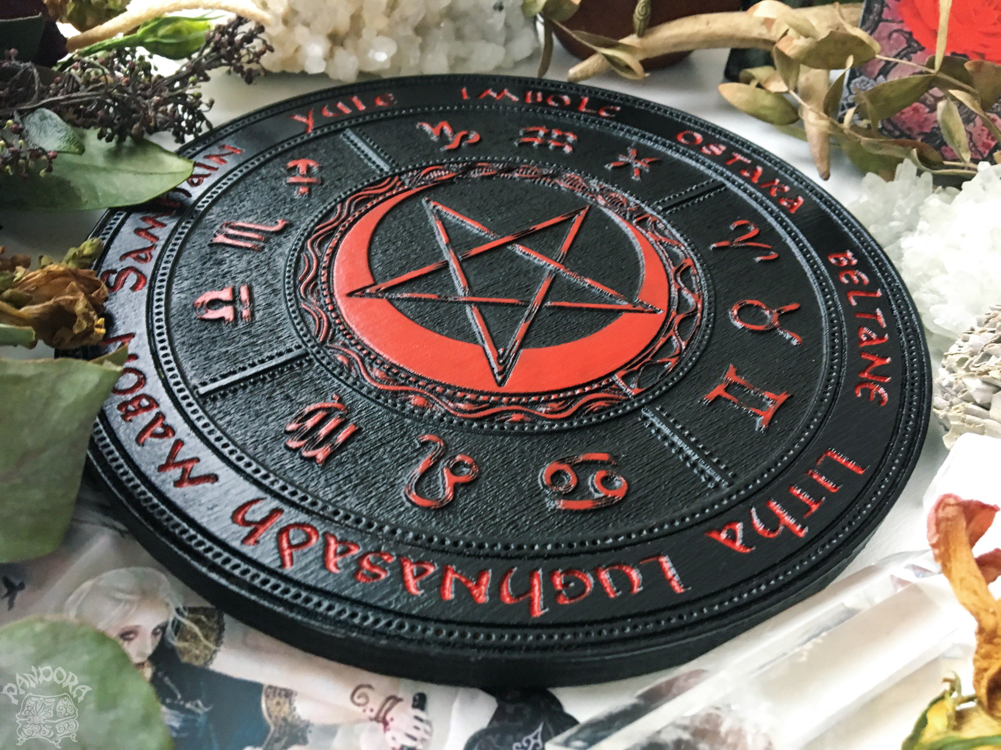 Wooden Wheel of the Year - calendar of pagan festivals and seasonal sabbaths: Yule, Imbolc, Ostara, Beltane, Litha, Lammas, Mabon, Samhain.