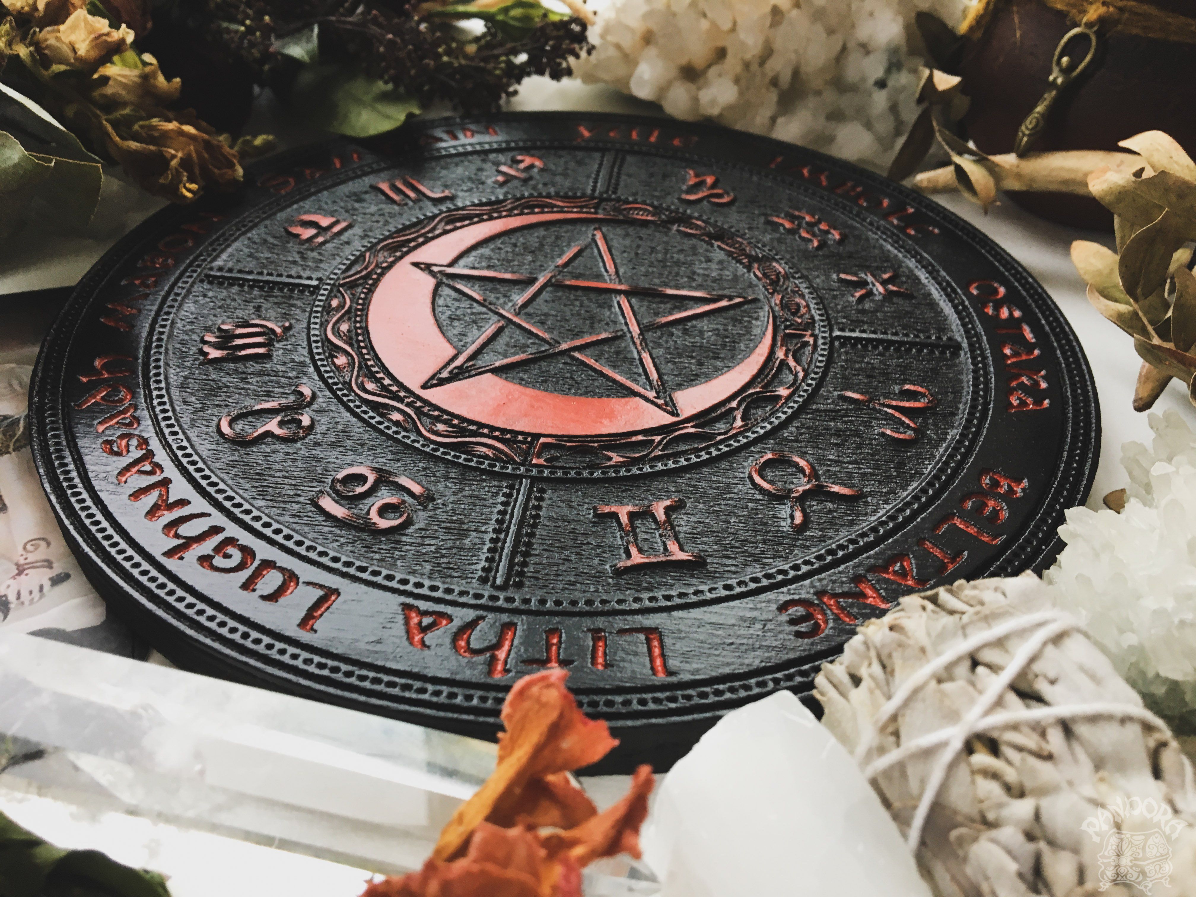 Wooden Wheel of the Year - calendar of pagan festivals and seasonal sabbaths: Yule, Imbolc, Ostara, Beltane, Litha, Lammas, Mabon, Samhain.