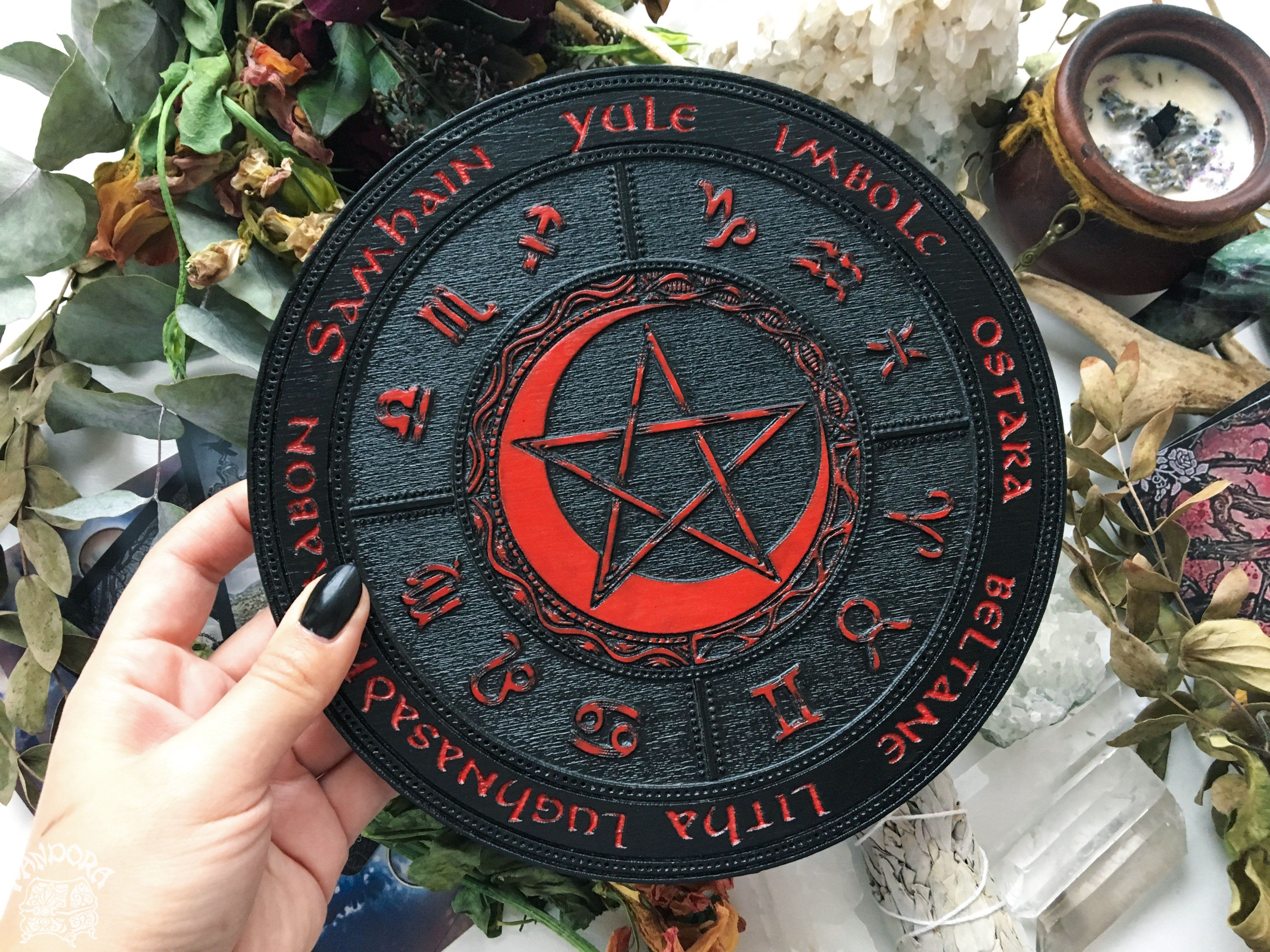 Wooden Wheel of the Year - calendar of pagan festivals and seasonal sabbaths: Yule, Imbolc, Ostara, Beltane, Litha, Lammas, Mabon, Samhain.