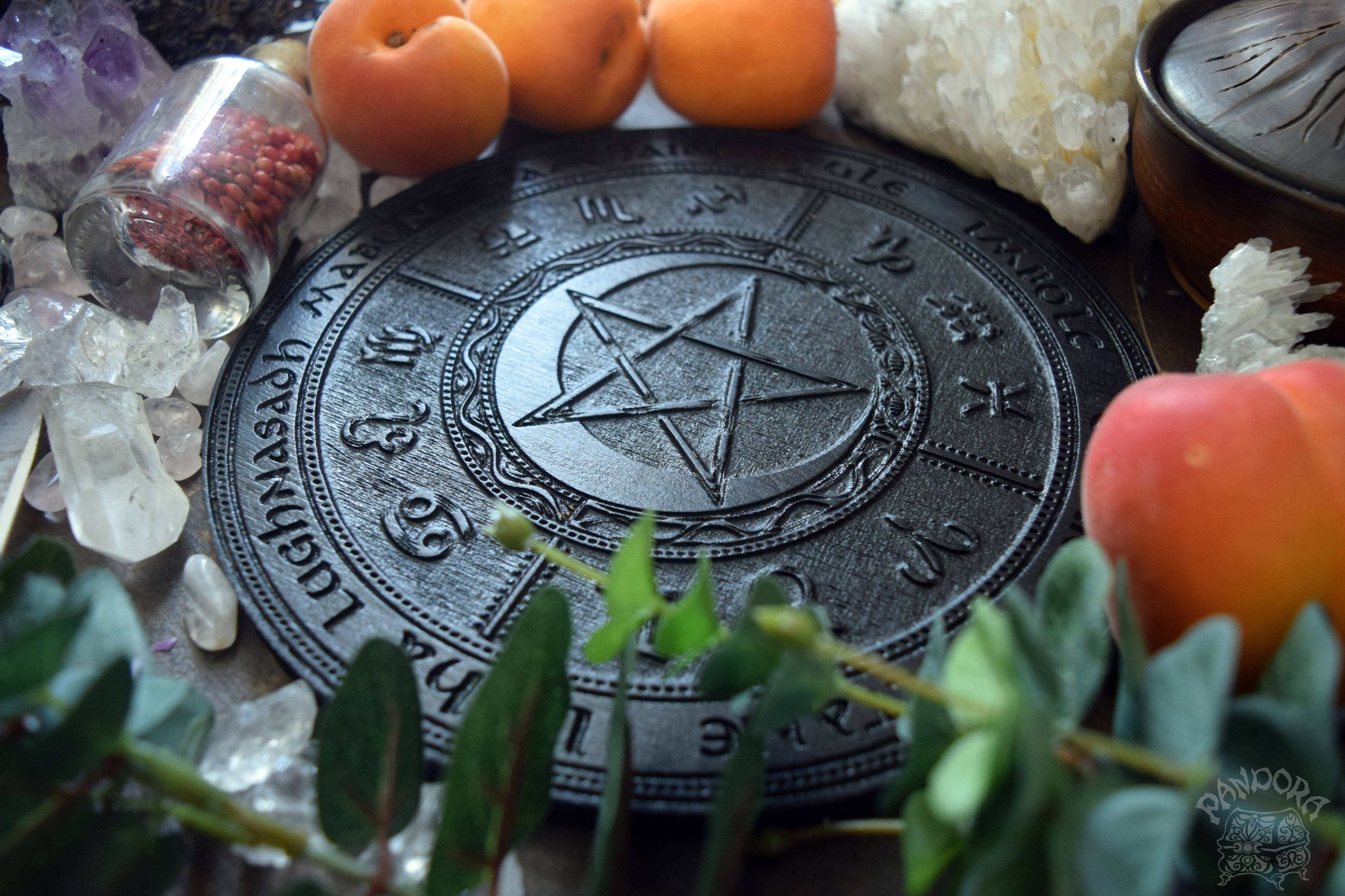 Wooden Wheel of the Year - calendar of pagan festivals and seasonal sabbaths: Yule, Imbolc, Ostara, Beltane, Litha, Lammas, Mabon, Samhain.