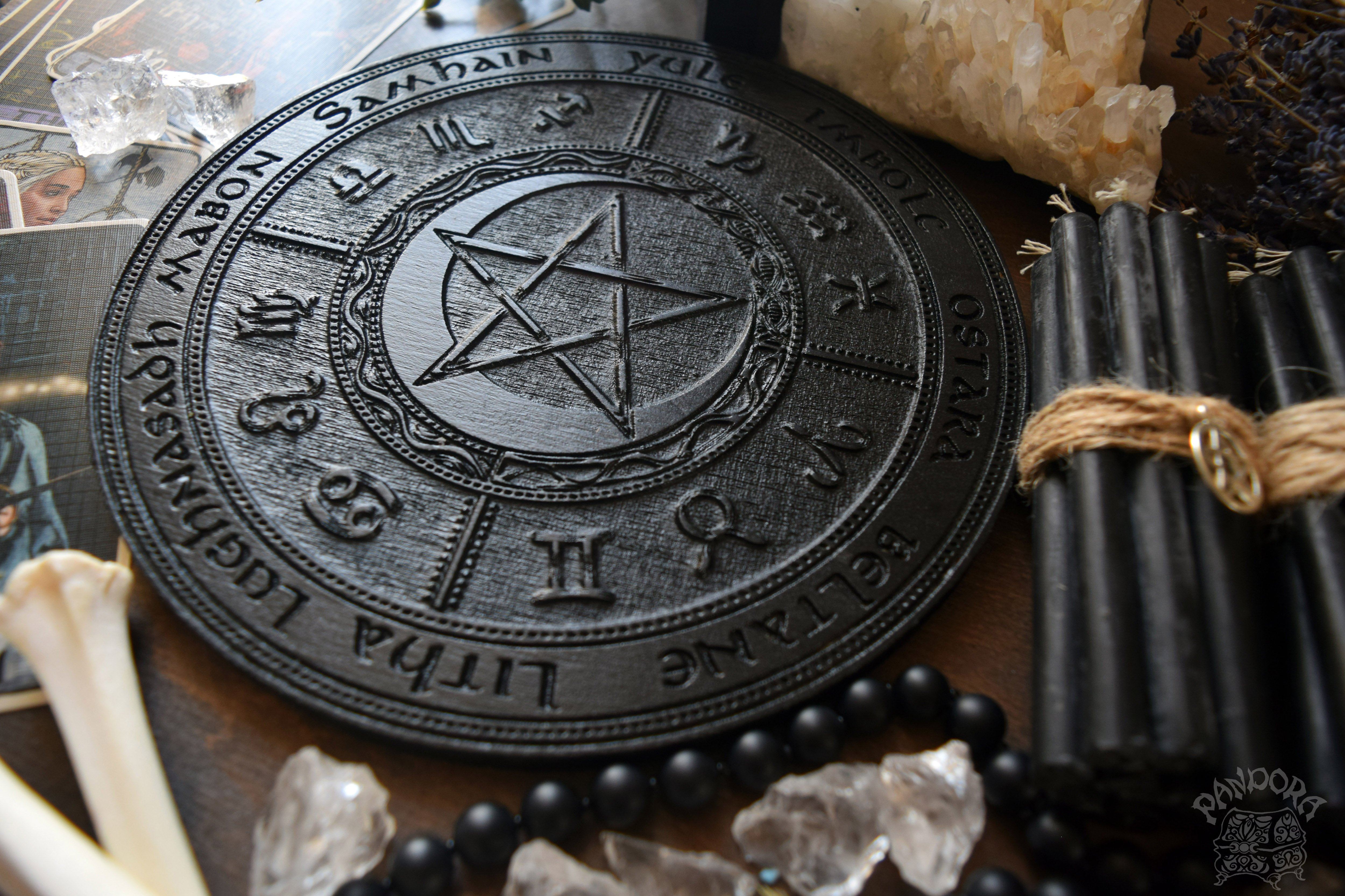 Wooden Wheel of the Year - calendar of pagan festivals and seasonal sabbaths: Yule, Imbolc, Ostara, Beltane, Litha, Lammas, Mabon, Samhain.
