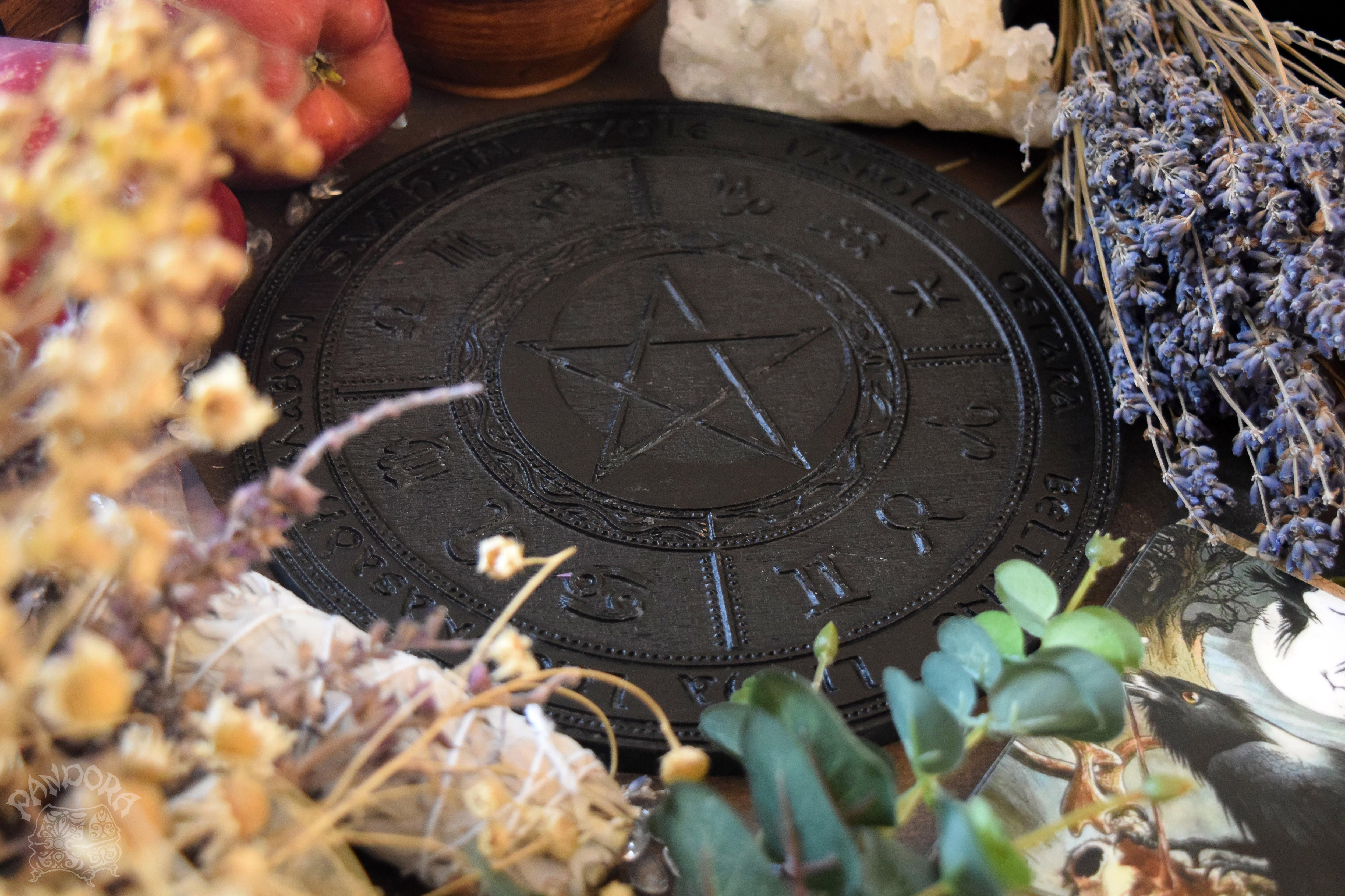 Wooden Wheel of the Year - calendar of pagan festivals and seasonal sabbaths: Yule, Imbolc, Ostara, Beltane, Litha, Lammas, Mabon, Samhain.