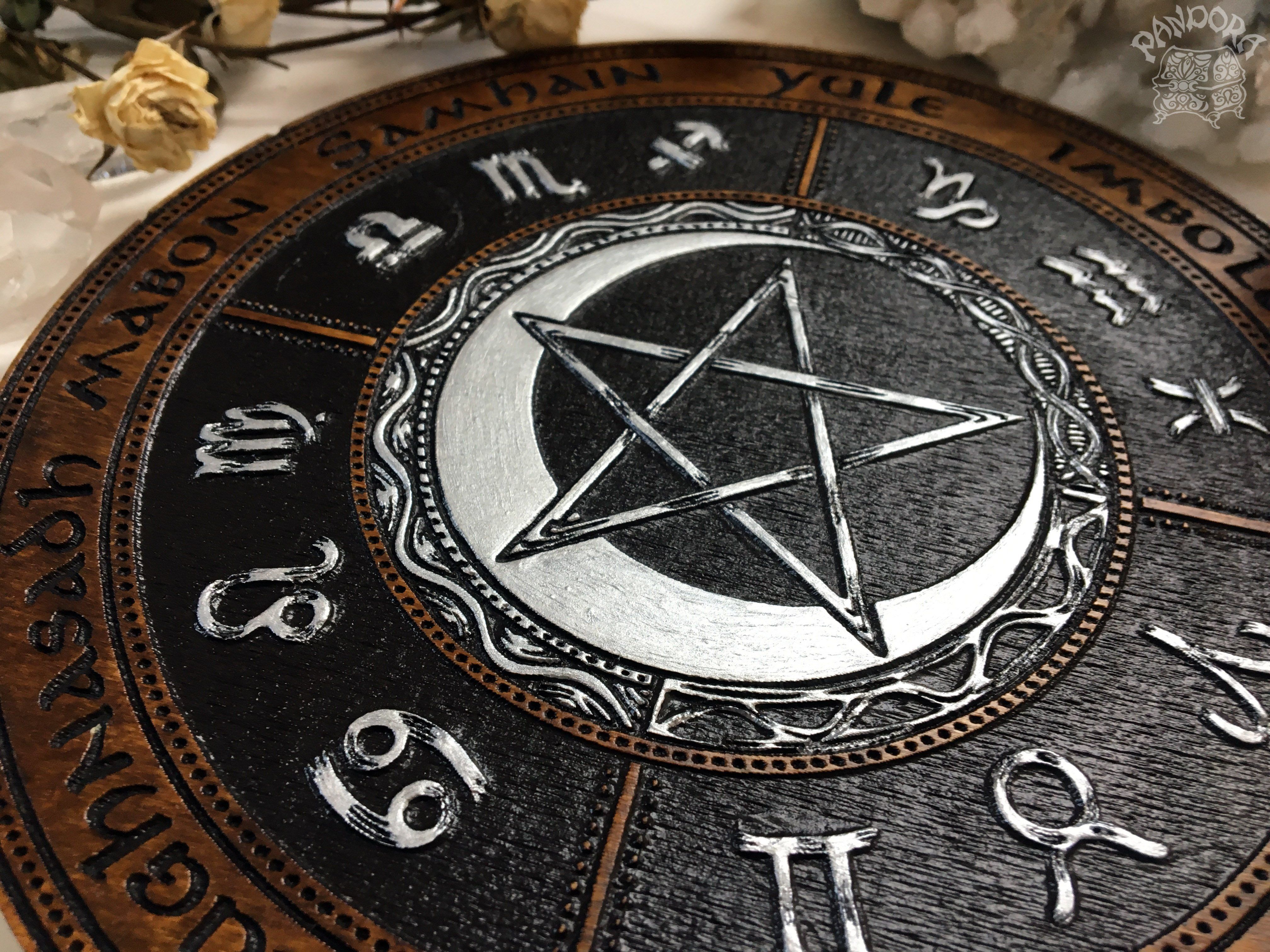 Wooden Wheel of the Year - calendar of pagan festivals and seasonal sabbaths: Yule, Imbolc, Ostara, Beltane, Litha, Lammas, Mabon, Samhain.