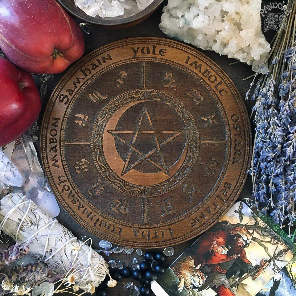 Wooden Wheel of the Year - calendar of pagan festivals and seasonal sabbaths: Yule, Imbolc, Ostara, Beltane, Litha, Lammas, Mabon, Samhain.