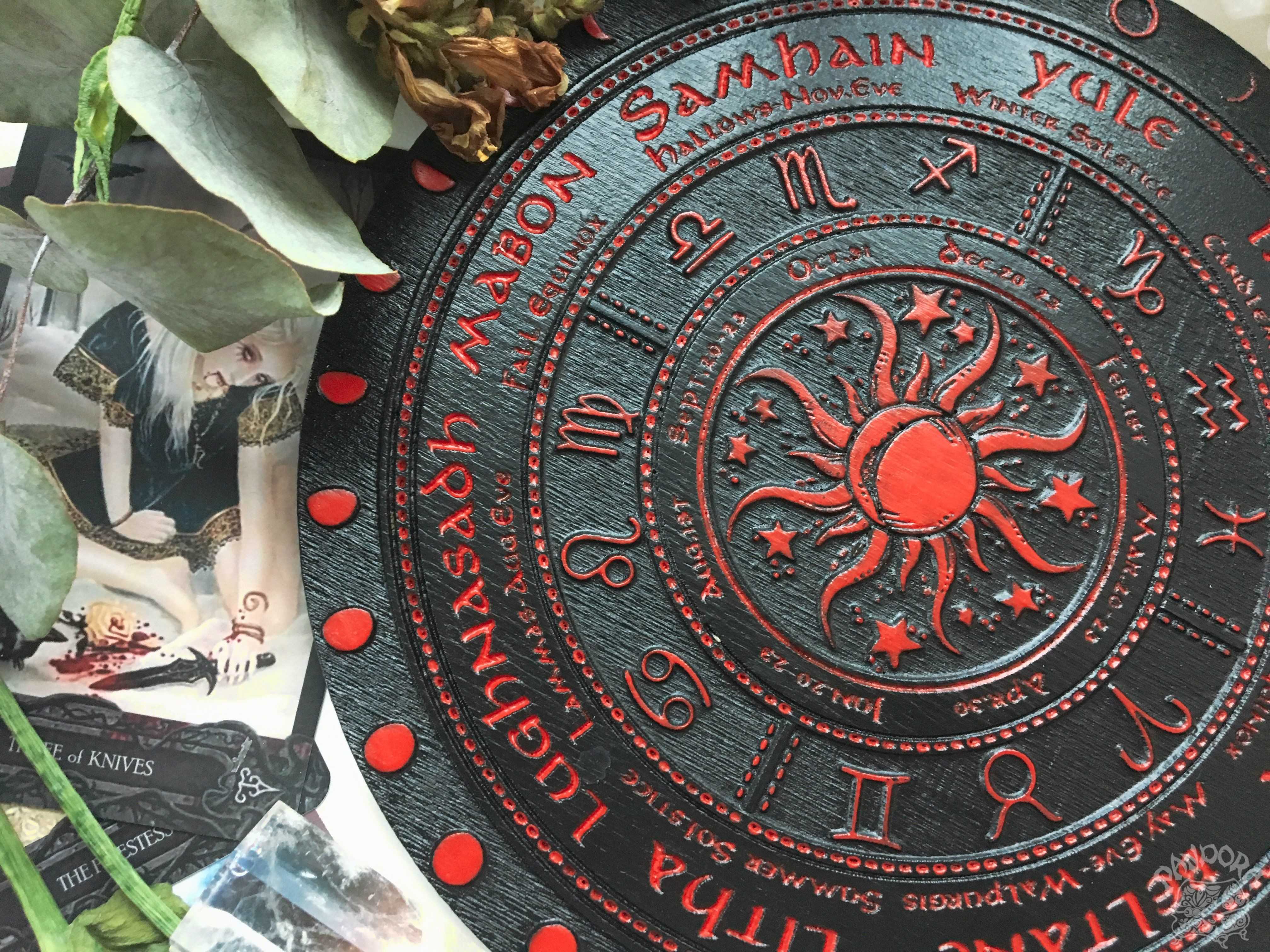 Wooden Wheel of the Year - calendar of pagan festivals and seasonal sabbaths: Yule, Imbolc, Ostara, Beltane, Litha, Lammas, Mabon, Samhain.
