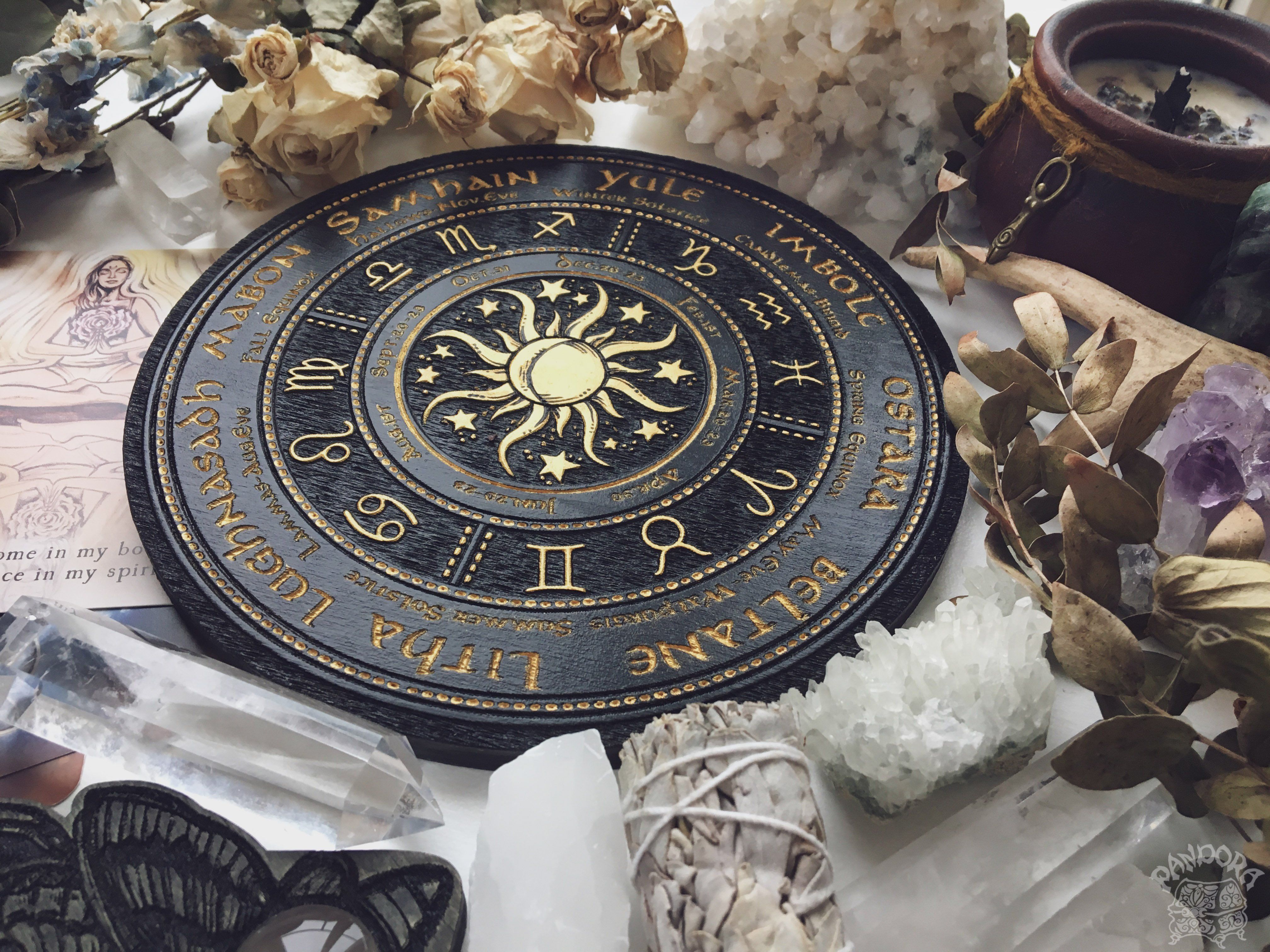Wooden Wheel of the Year - calendar of pagan festivals and seasonal sabbaths: Yule, Imbolc, Ostara, Beltane, Litha, Lammas, Mabon, Samhain.