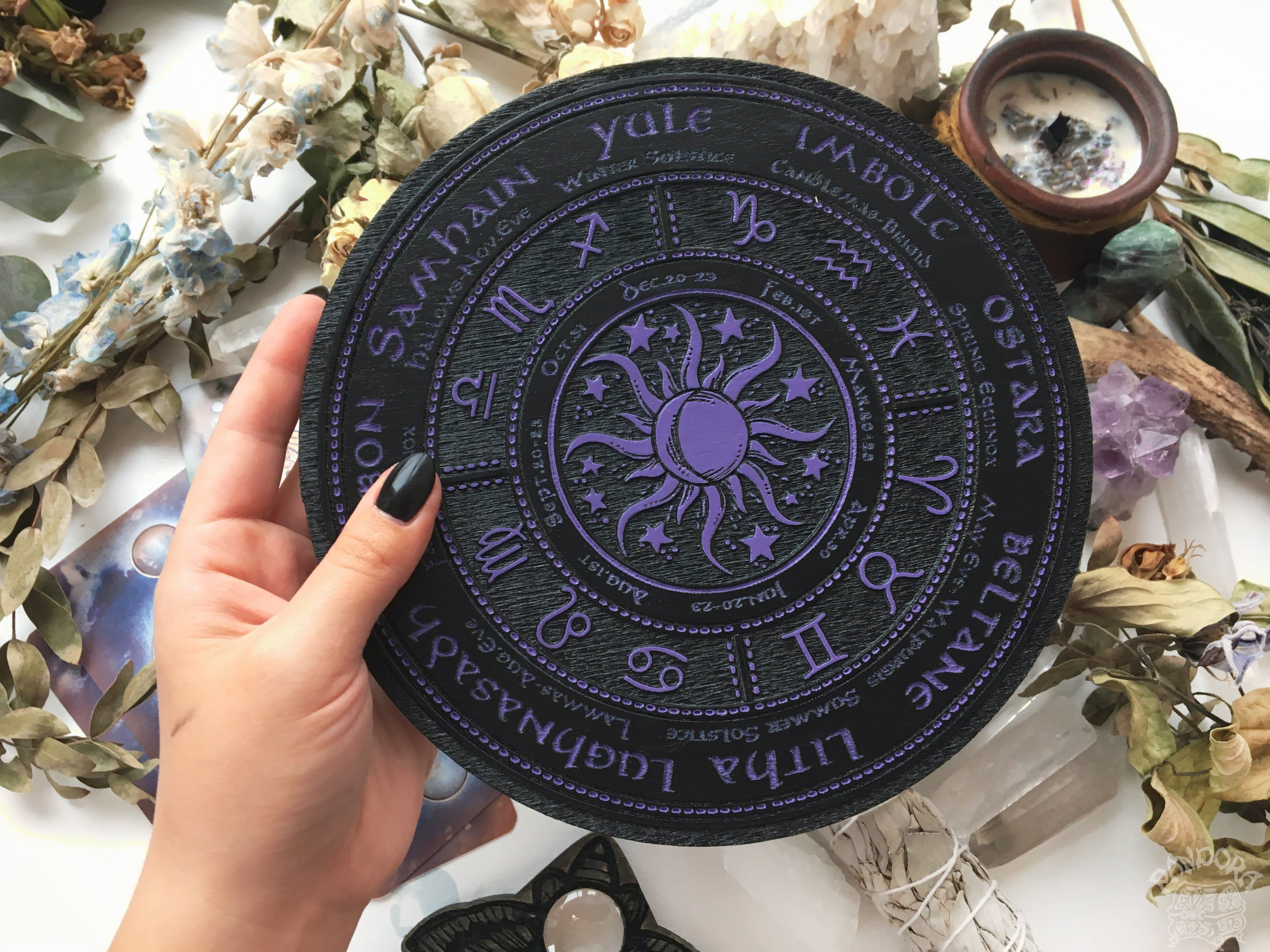 Wooden Wheel of the Year - calendar of pagan festivals and seasonal sabbaths: Yule, Imbolc, Ostara, Beltane, Litha, Lammas, Mabon, Samhain.