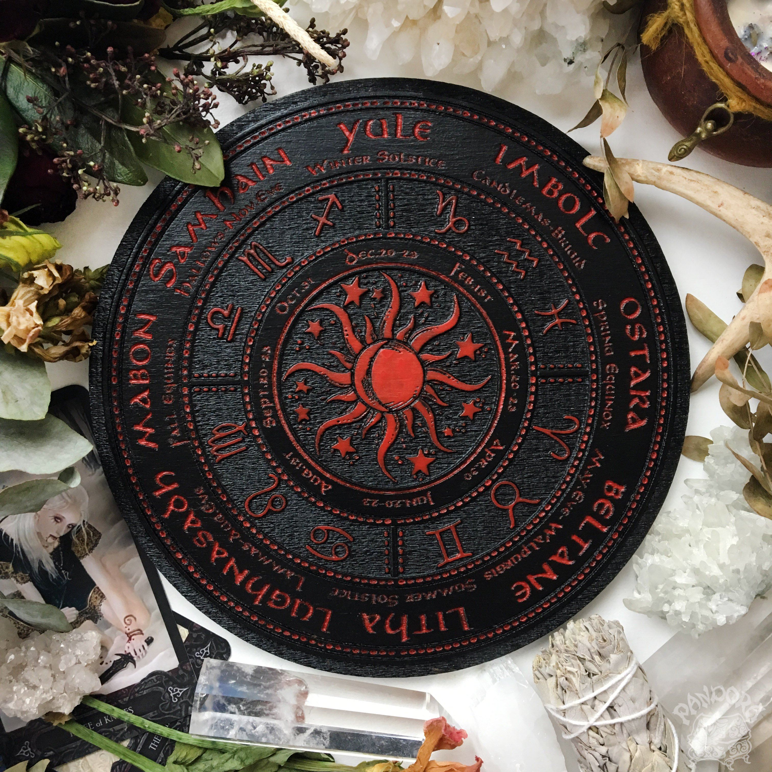Wooden Wheel of the Year - calendar of pagan festivals and seasonal sabbaths: Yule, Imbolc, Ostara, Beltane, Litha, Lammas, Mabon, Samhain.