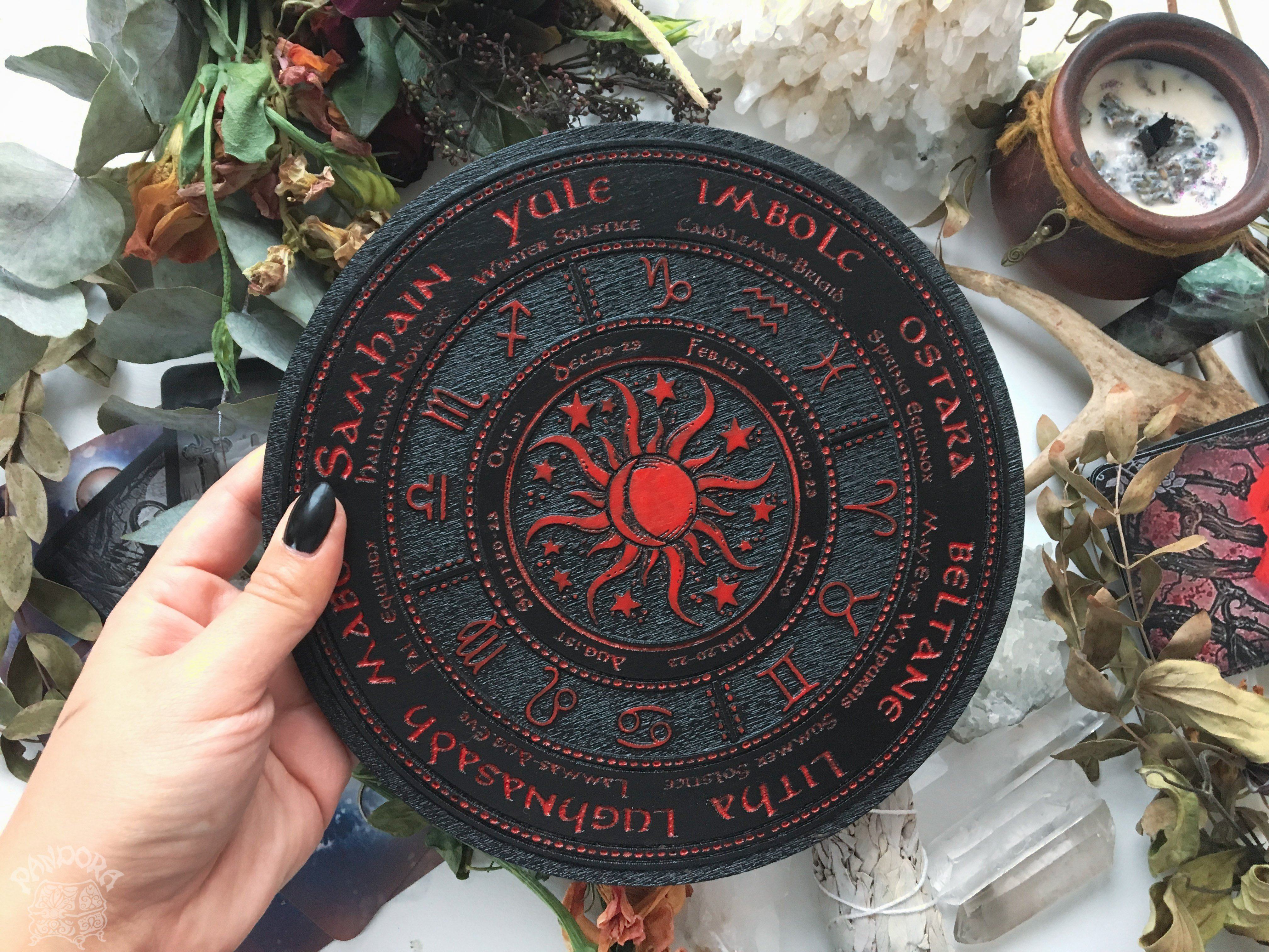 Wooden Wheel of the Year - calendar of pagan festivals and seasonal sabbaths: Yule, Imbolc, Ostara, Beltane, Litha, Lammas, Mabon, Samhain.