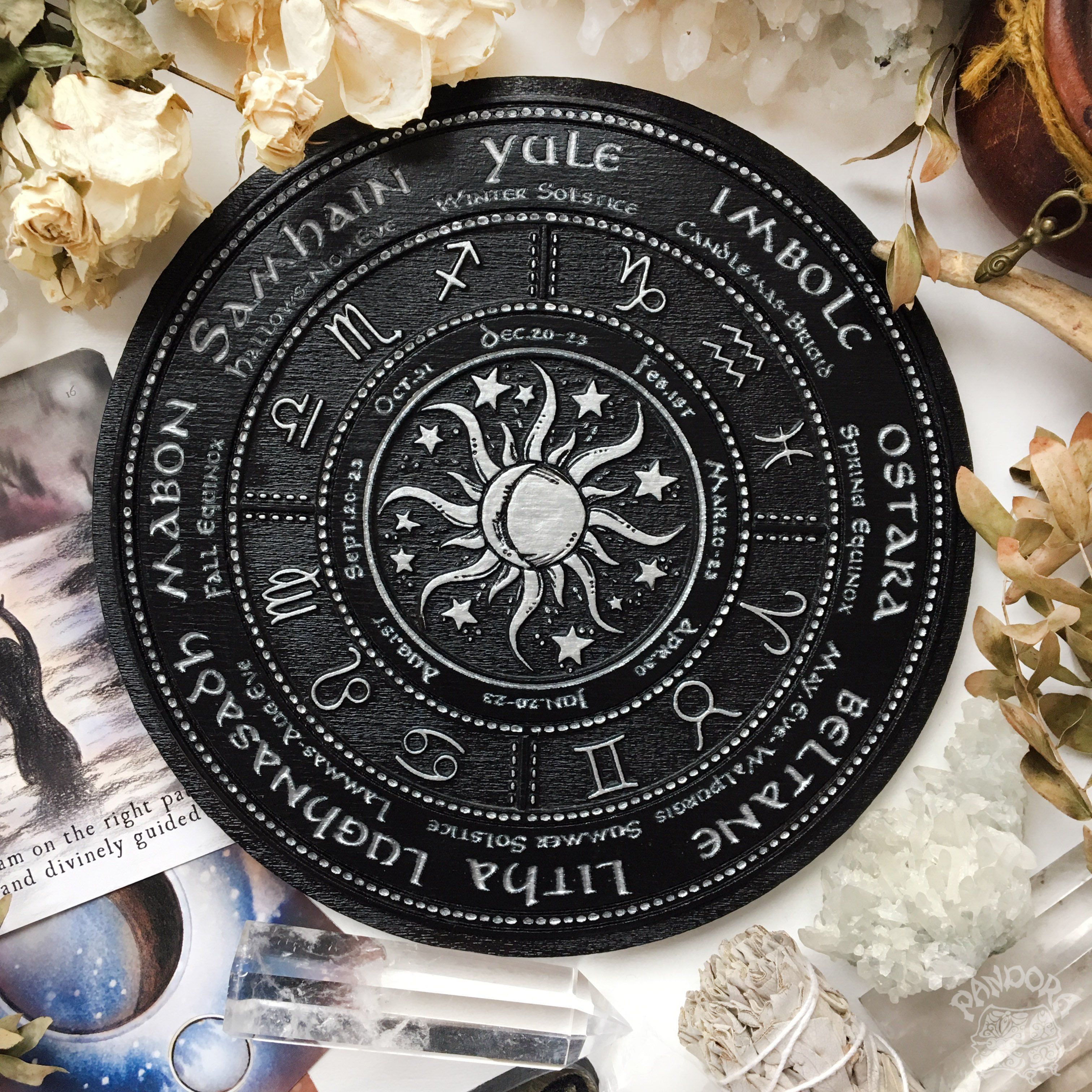 Wooden Wheel of the Year - calendar of pagan festivals and seasonal sabbaths: Yule, Imbolc, Ostara, Beltane, Litha, Lammas, Mabon, Samhain.