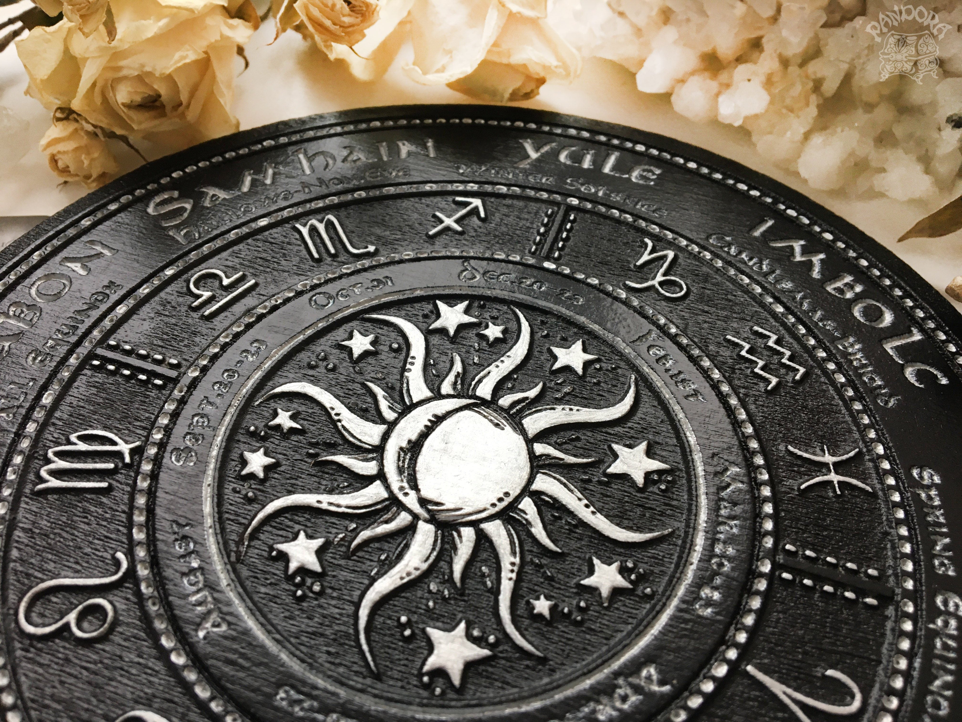 Wooden Wheel of the Year - calendar of pagan festivals and seasonal sabbaths: Yule, Imbolc, Ostara, Beltane, Litha, Lammas, Mabon, Samhain.