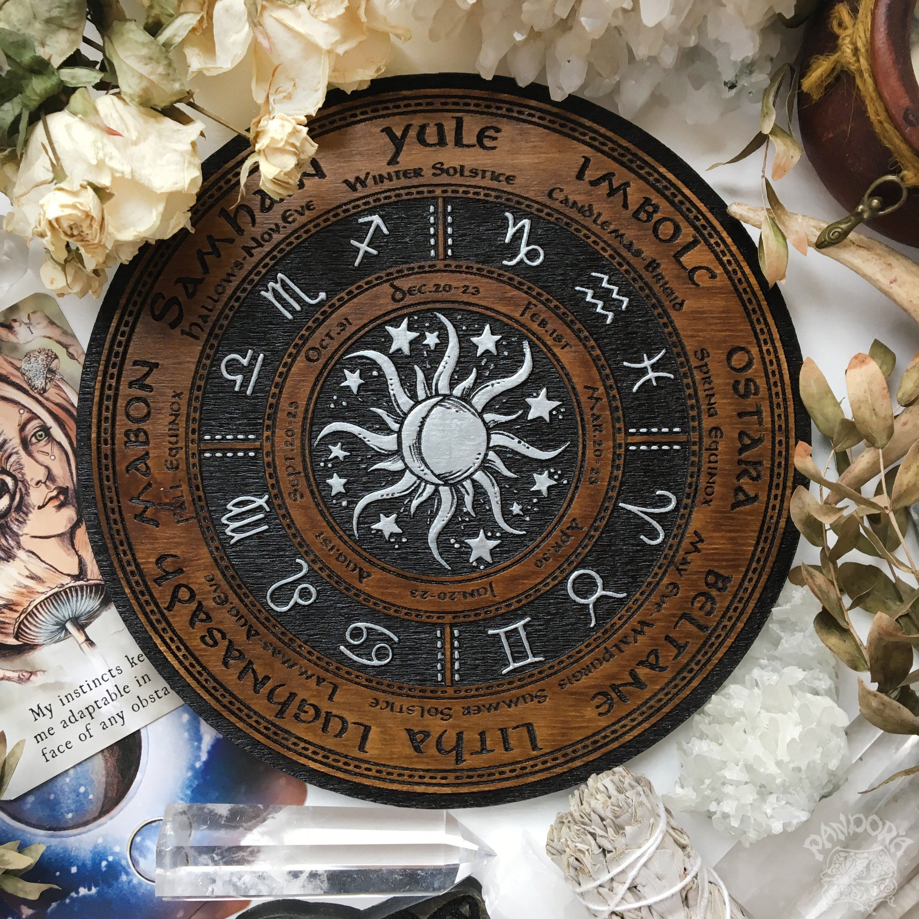 Wooden Wheel of the Year - calendar of pagan festivals and seasonal sabbaths: Yule, Imbolc, Ostara, Beltane, Litha, Lammas, Mabon, Samhain.