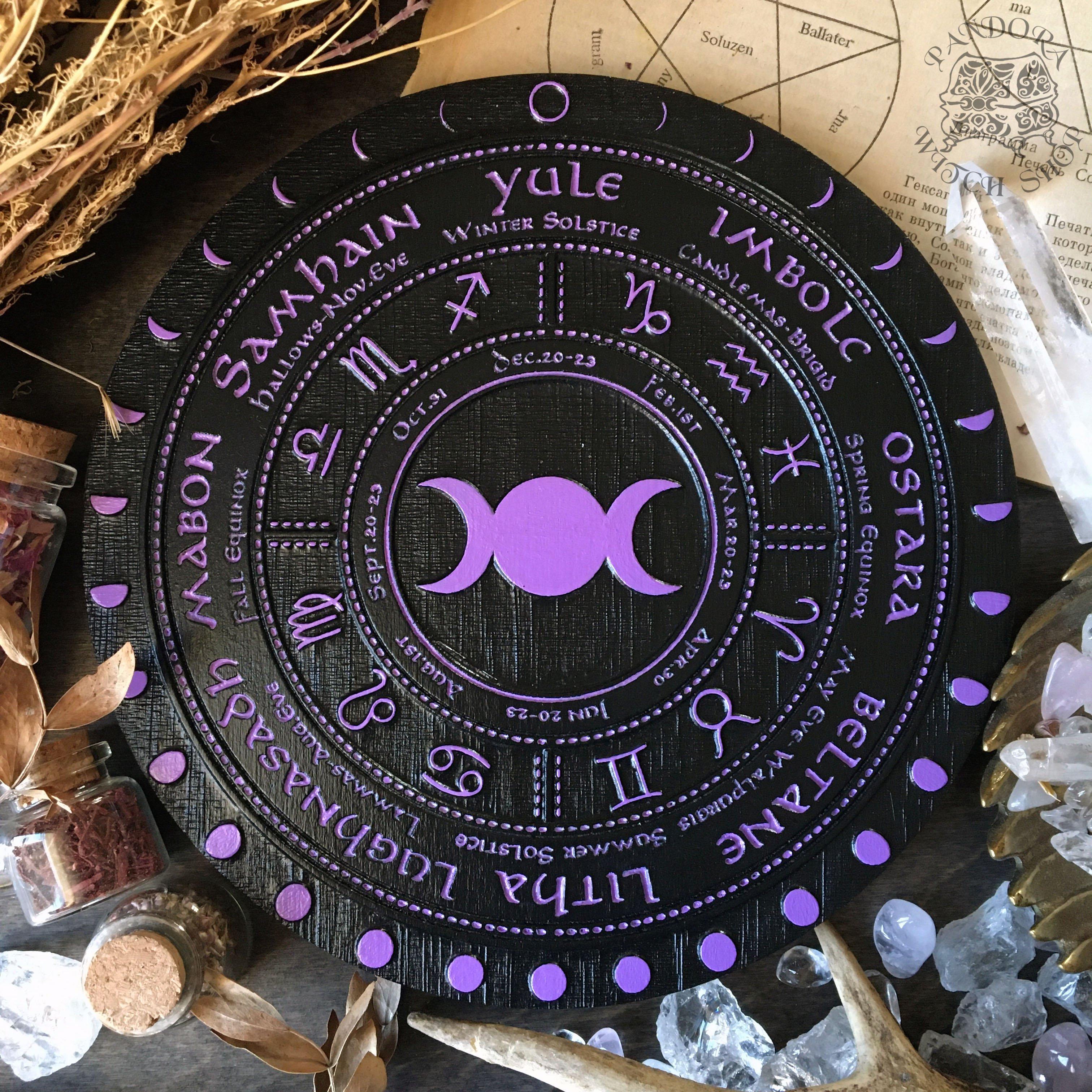 Wooden Wheel of the Year - calendar of pagan festivals and seasonal sabbaths: Yule, Imbolc, Ostara, Beltane, Litha, Lammas, Mabon, Samhain.