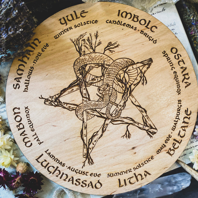 Wheel of the Year - Snake Pentagram - Natural wood - SS