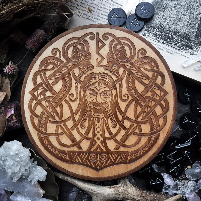 Wooden pentacle with engraving god Thor from Norse mythology