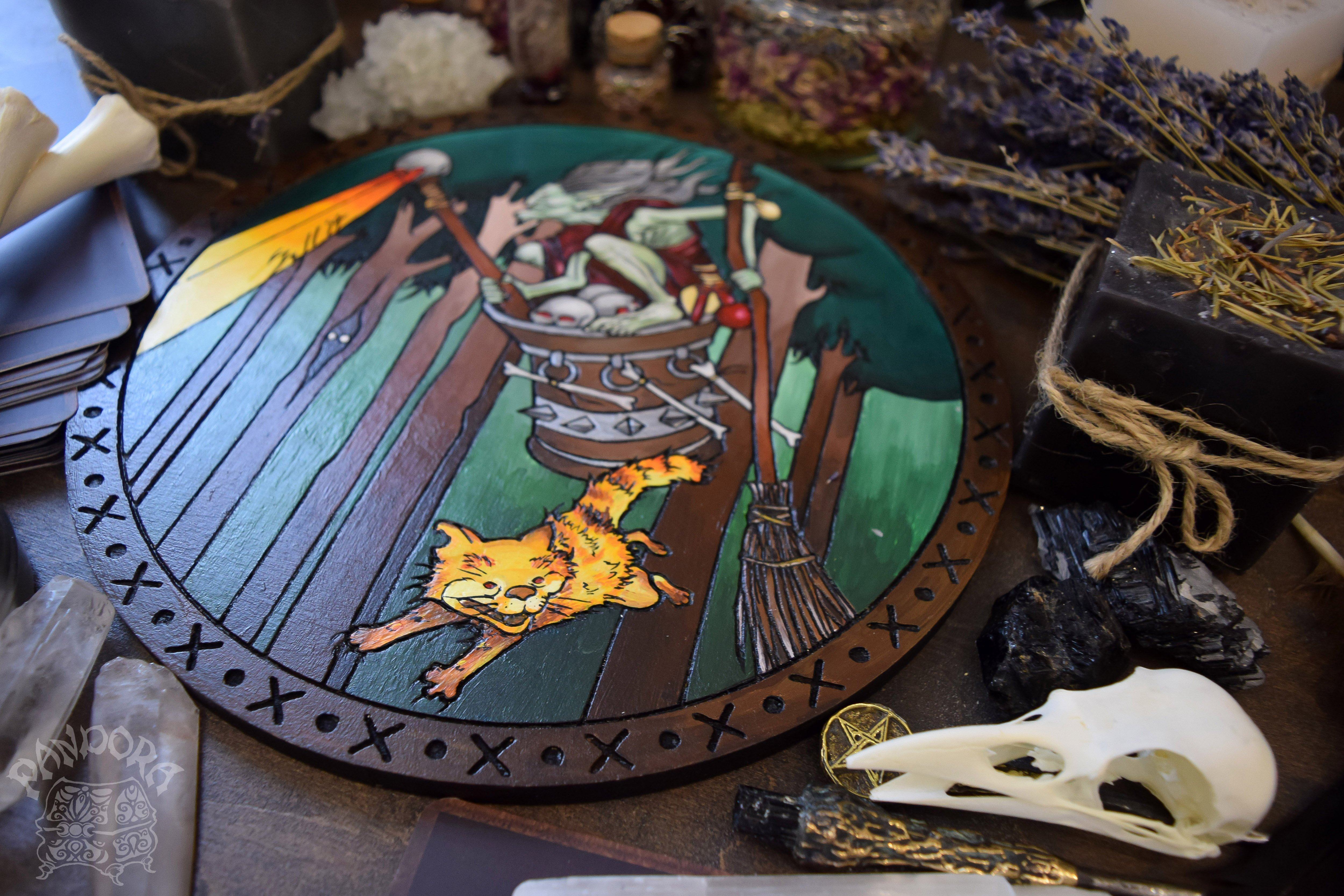 Wooden pentacle with engraving Baba Yaga - supernatural being associations with forest wildlife from Slavic folklore