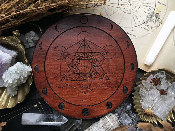 Crystal grid - Moon Metatrons Cube - Red wood - SS