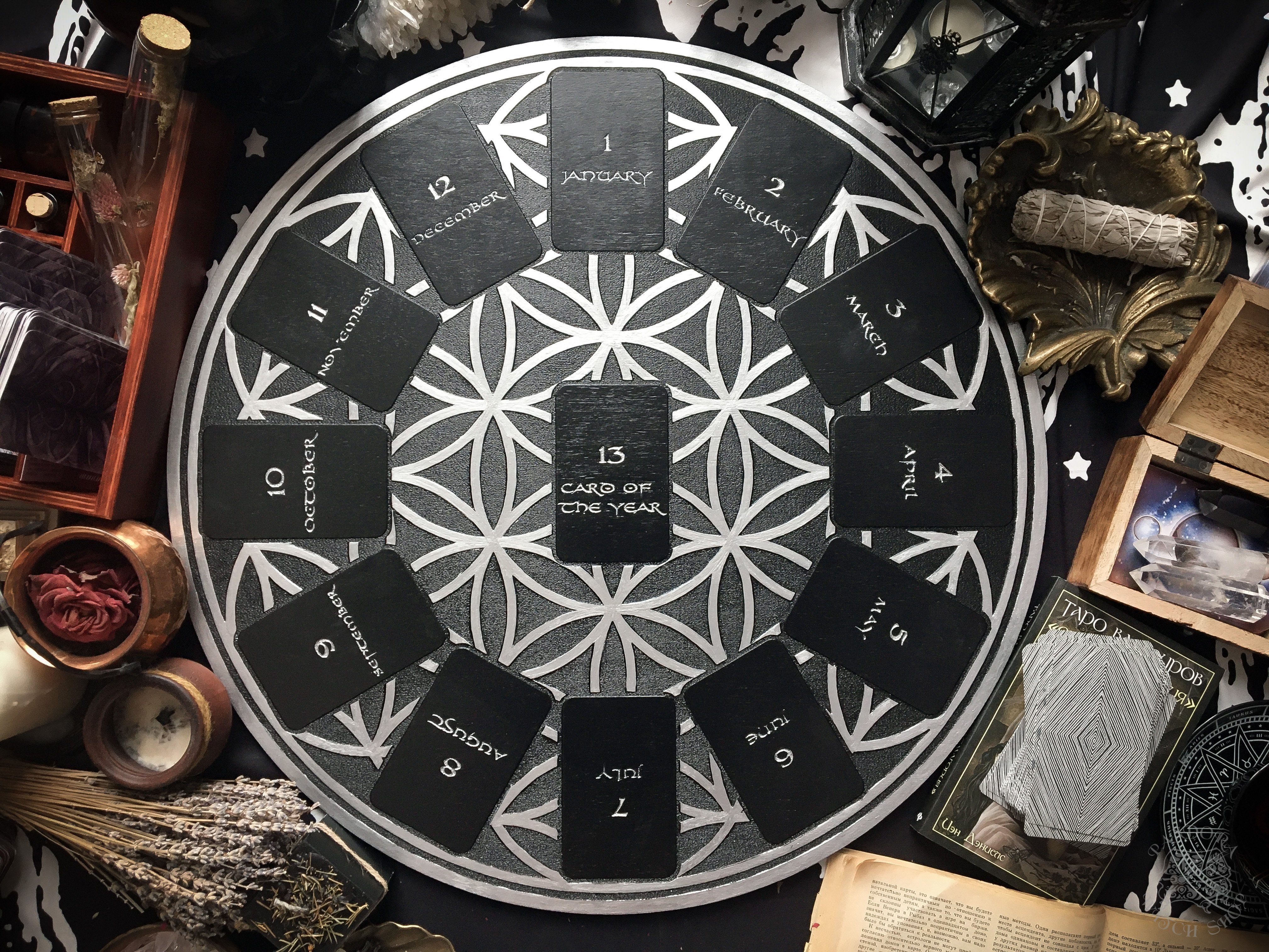 Tarot Spread Board Wheel of the Year - Black and Silver - SS