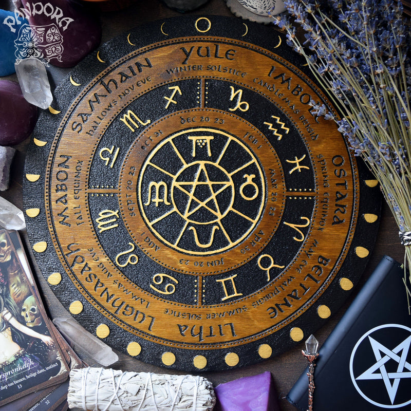 Wooden Wheel of the Year - calendar of pagan festivals and seasonal sabbaths: Yule, Imbolc, Ostara, Beltane, Litha, Lammas, Mabon, Samhain. 