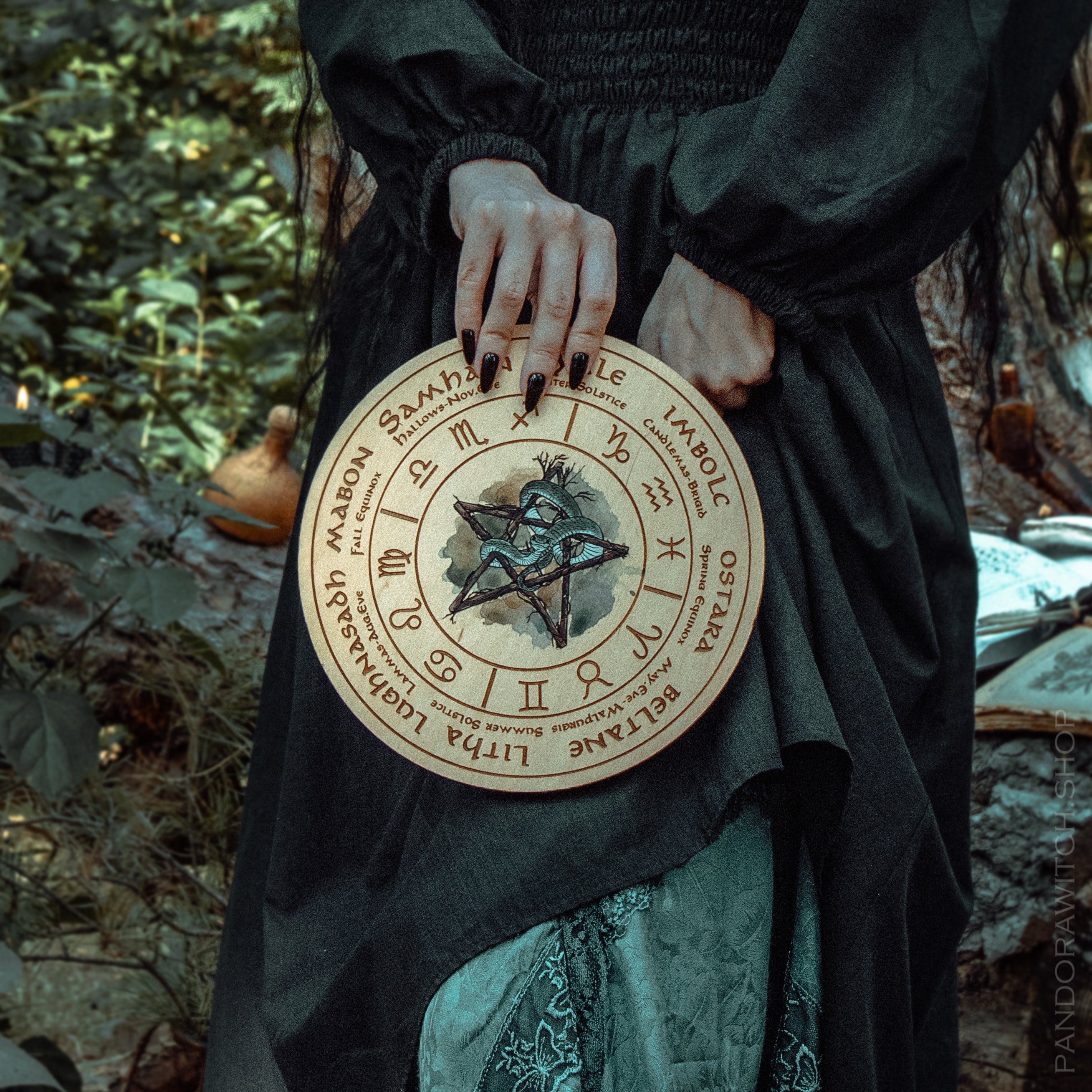 Wheel of the Year - Snake Pentagram Zodiac - Natural wood+full color