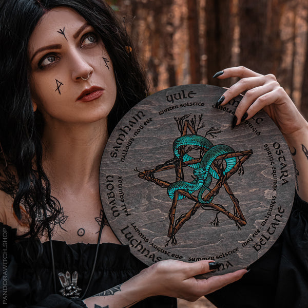 Wheel of the Year - Snake Pentagram - Gray wood+full color