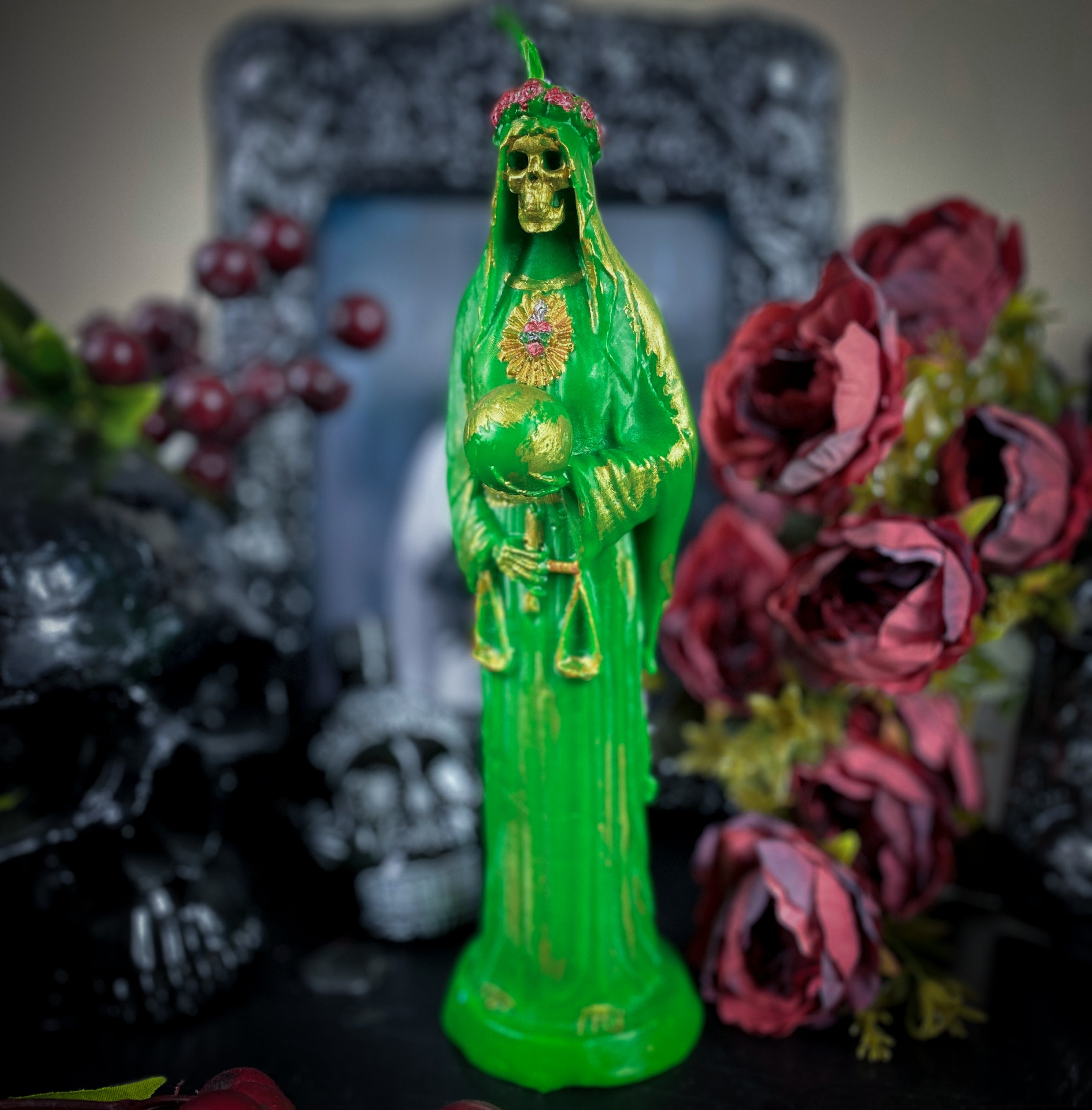 Green Santa Muerte - beeswax candle