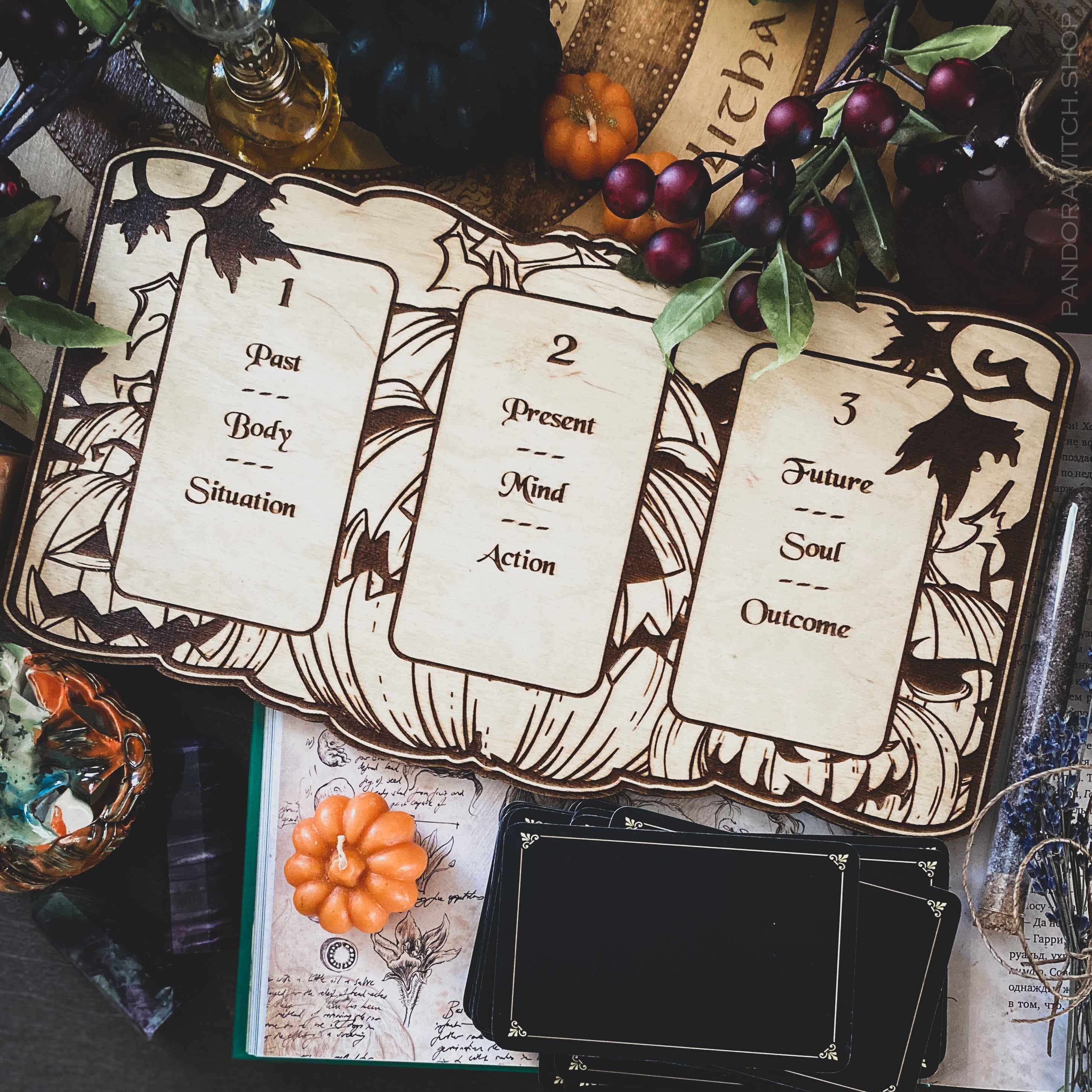 Tarot Board Three Card Spread - Pumpkin Mood - Natural